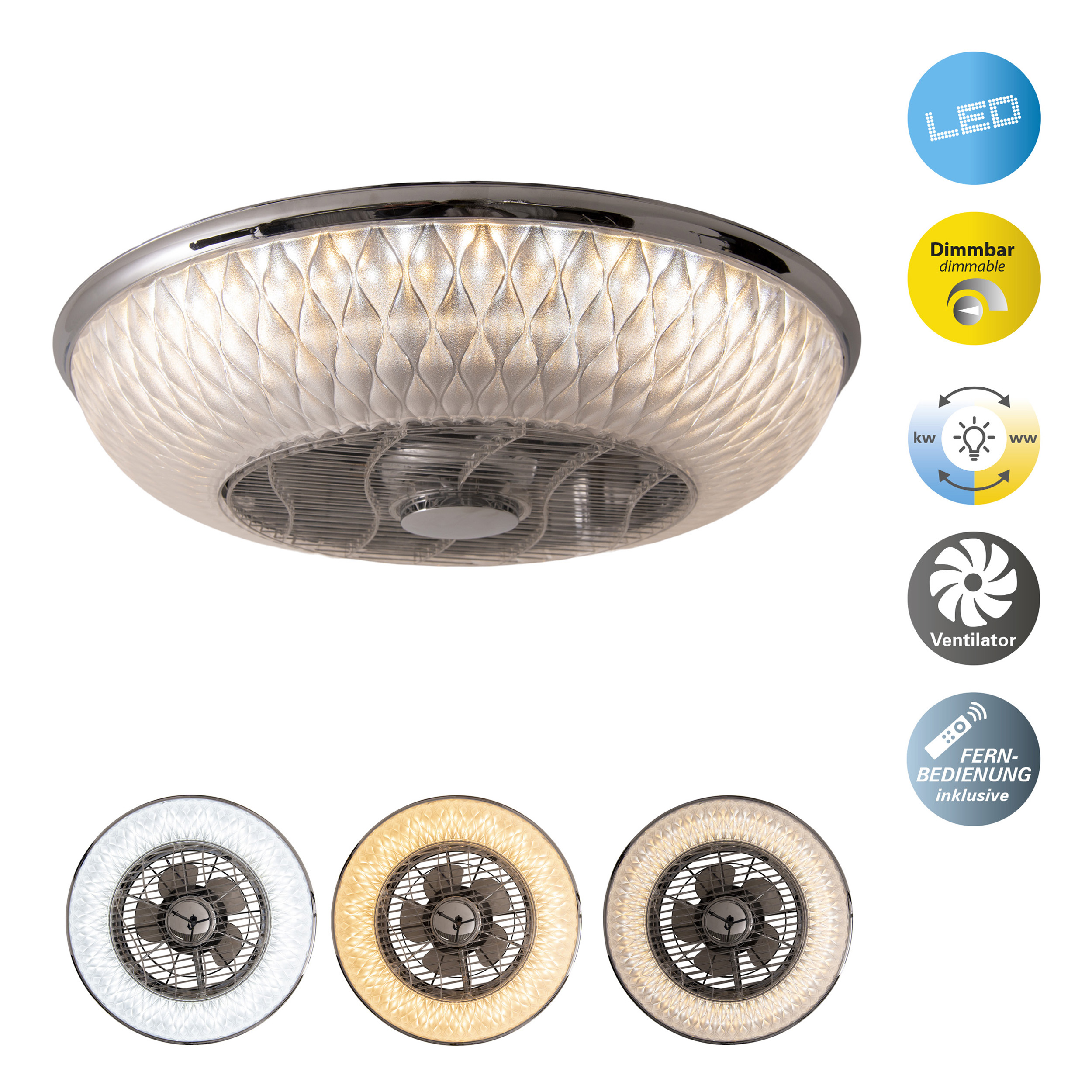 Ein Deckenventilator mit mehreren Lichtern. Verschiedene Lichteinstellungen unten.