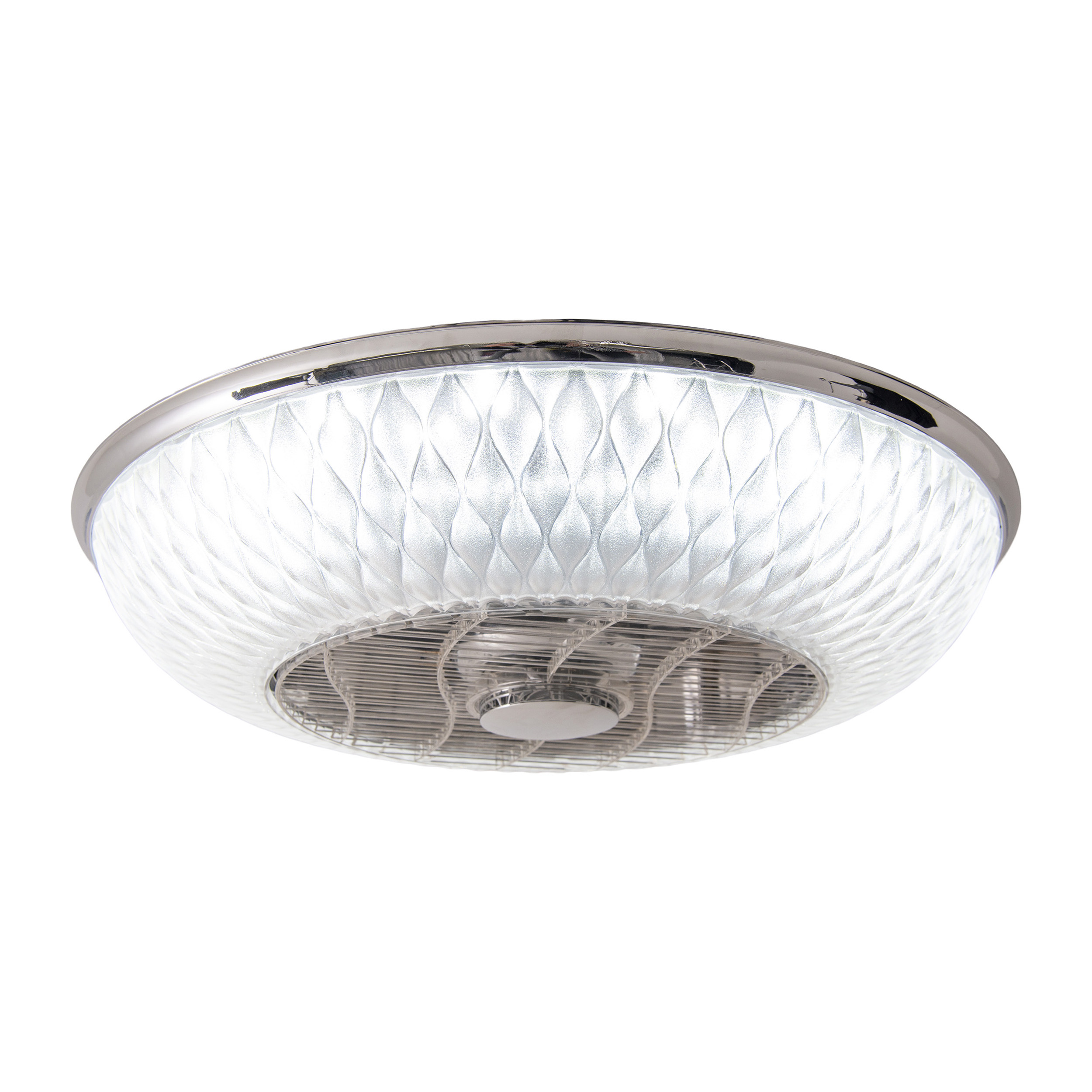 Kreisförmige Deckenventilatorleuchte mit silbernem Rand. Weißes Licht an.