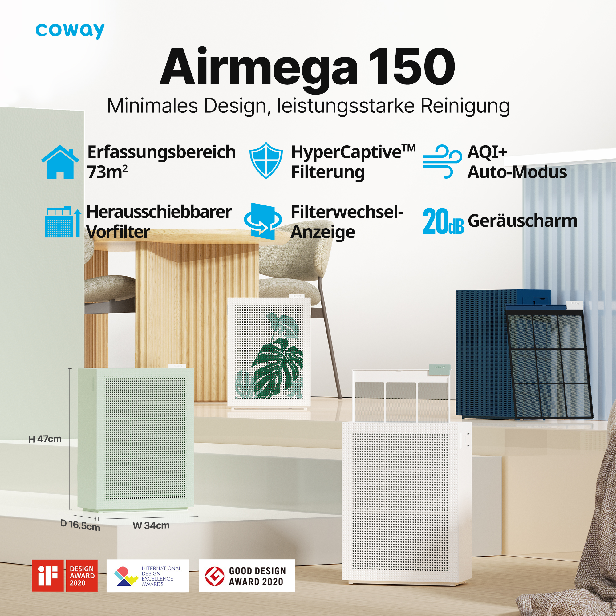 Coway Airmega 150 Luftreiniger, mintgrüner Körper, mit Filter und Designauszeichnungen.
