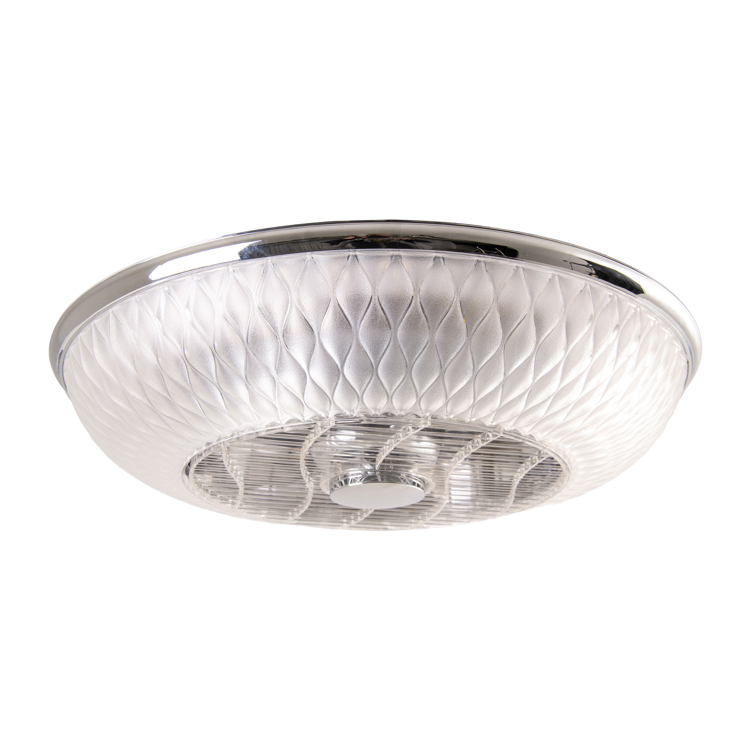 Deckenventilator mit Chromblende, klarer strukturierter Abdeckung und sichtbaren Lüfterflügeln.