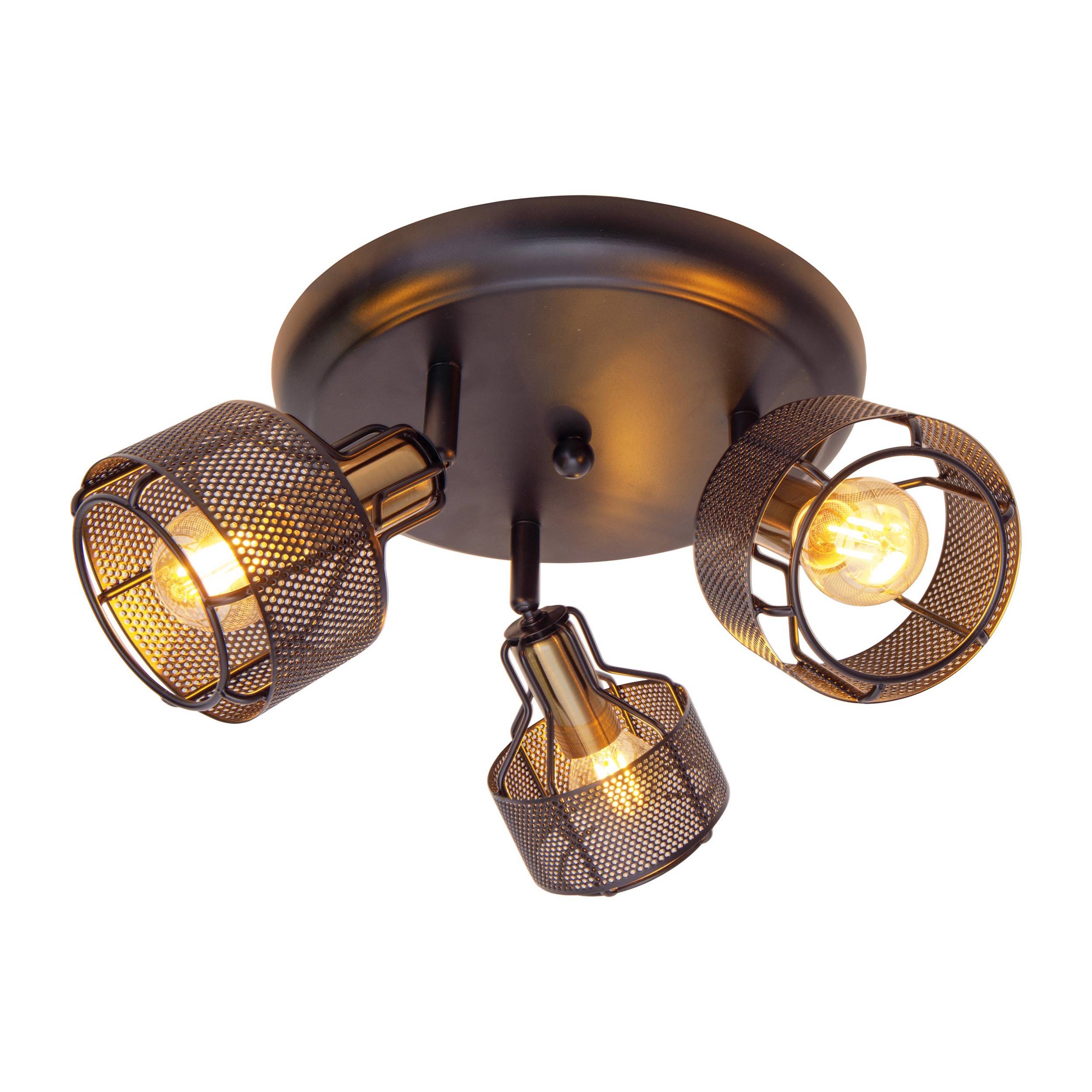 Deckenstrahler mit drei Lampen, schwarz und gold.