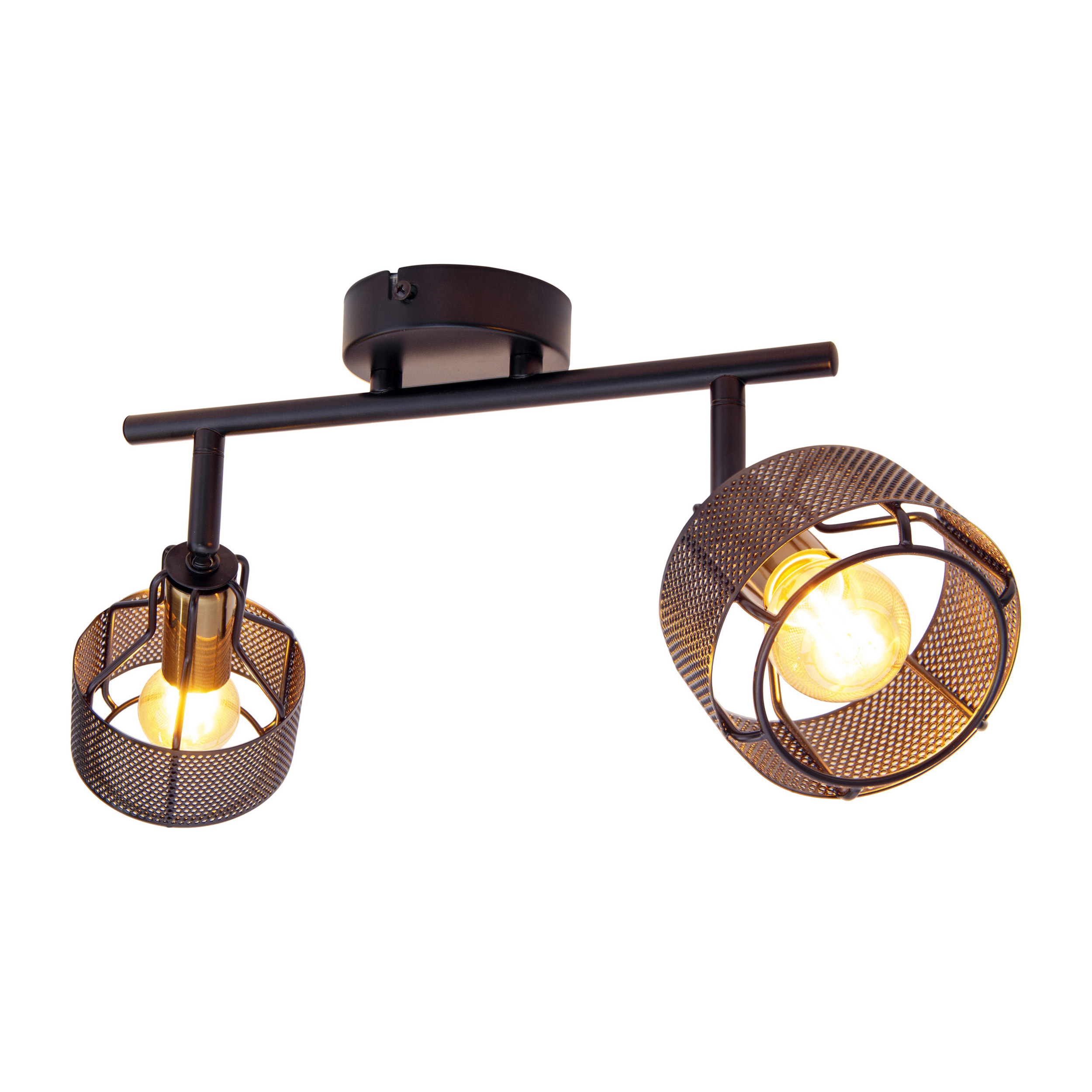 Zwei Richtstrahler mit Metallgitterdesign, jeweils mit Glühbirne im Inneren.