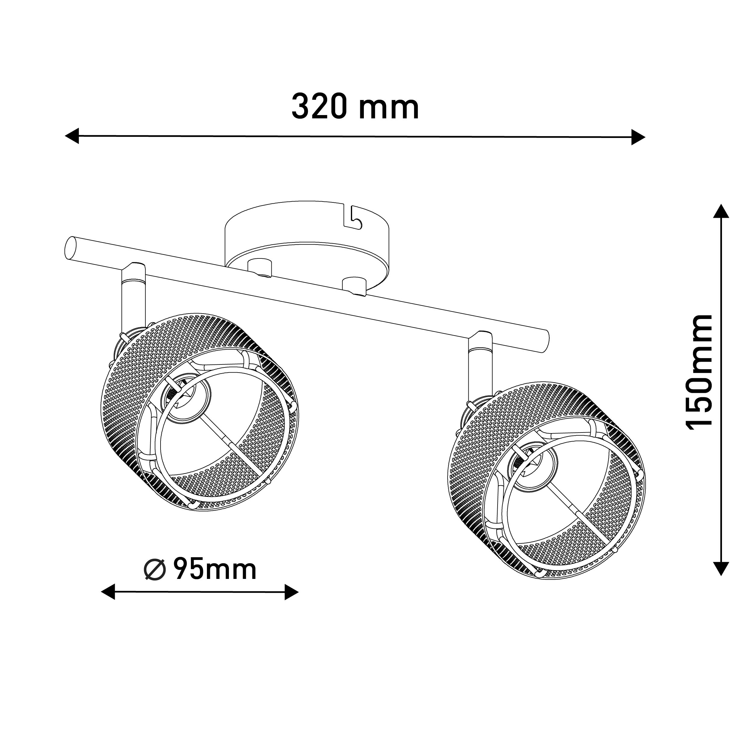 Schwarz-weißes Diagramm von zwei Strahlern mit Abmessungen, auf weißem Hintergrund.