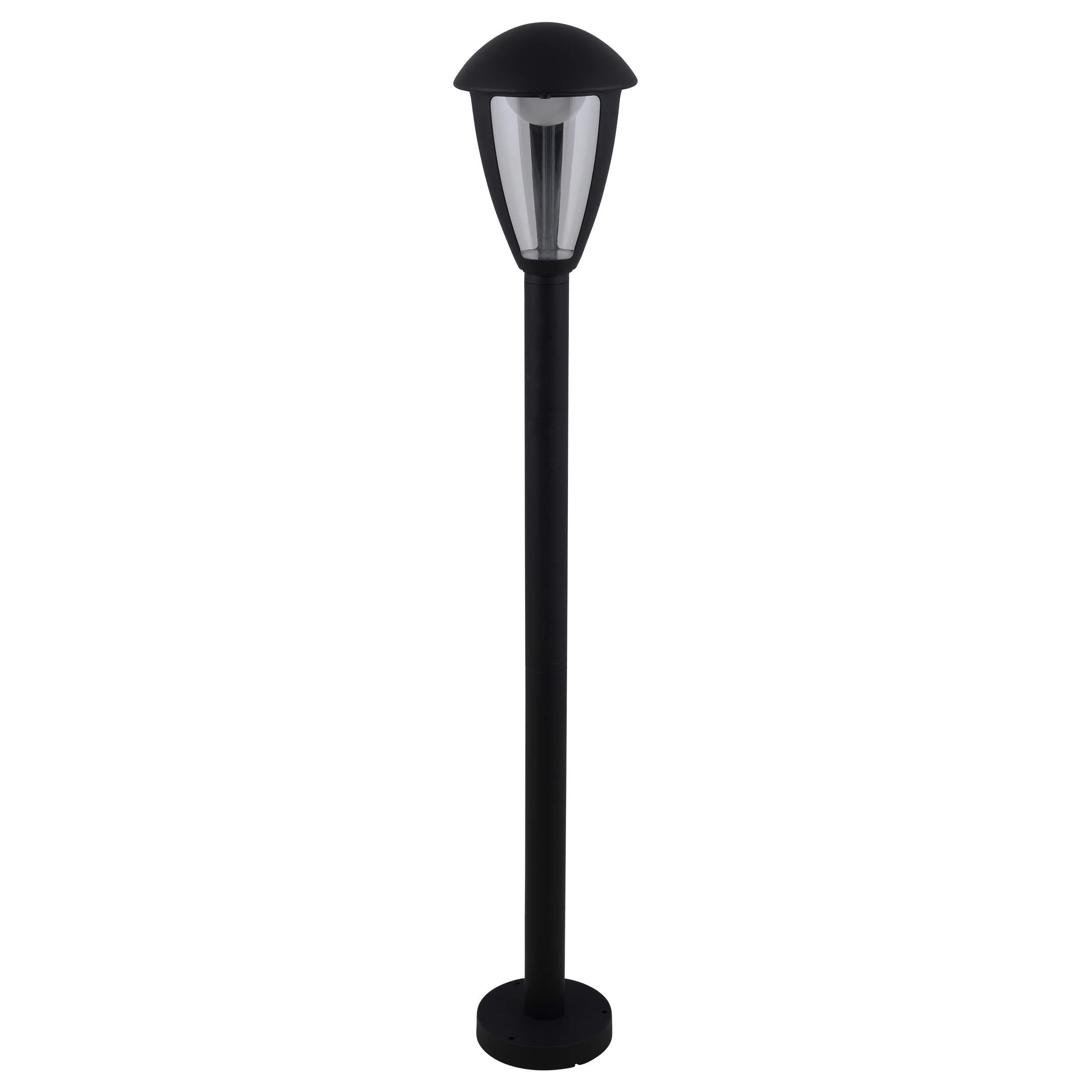 Schwarze Außenlampe auf weißem Hintergrund. Sie hat eine lange schwarze Stange und ein Licht oben.