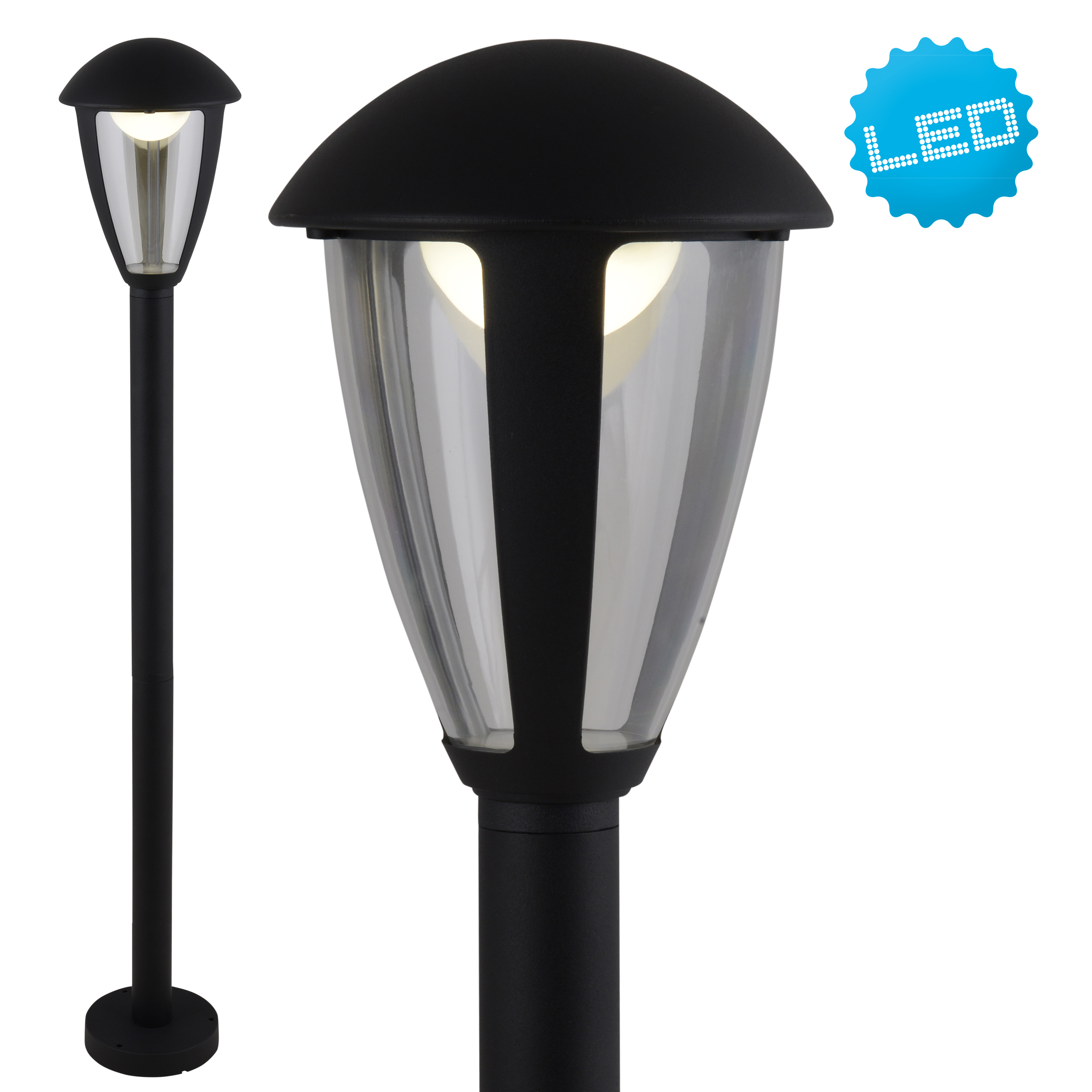 Schwarze Außenlampe mit klarer Front und LED-Schild auf weißem Hintergrund.