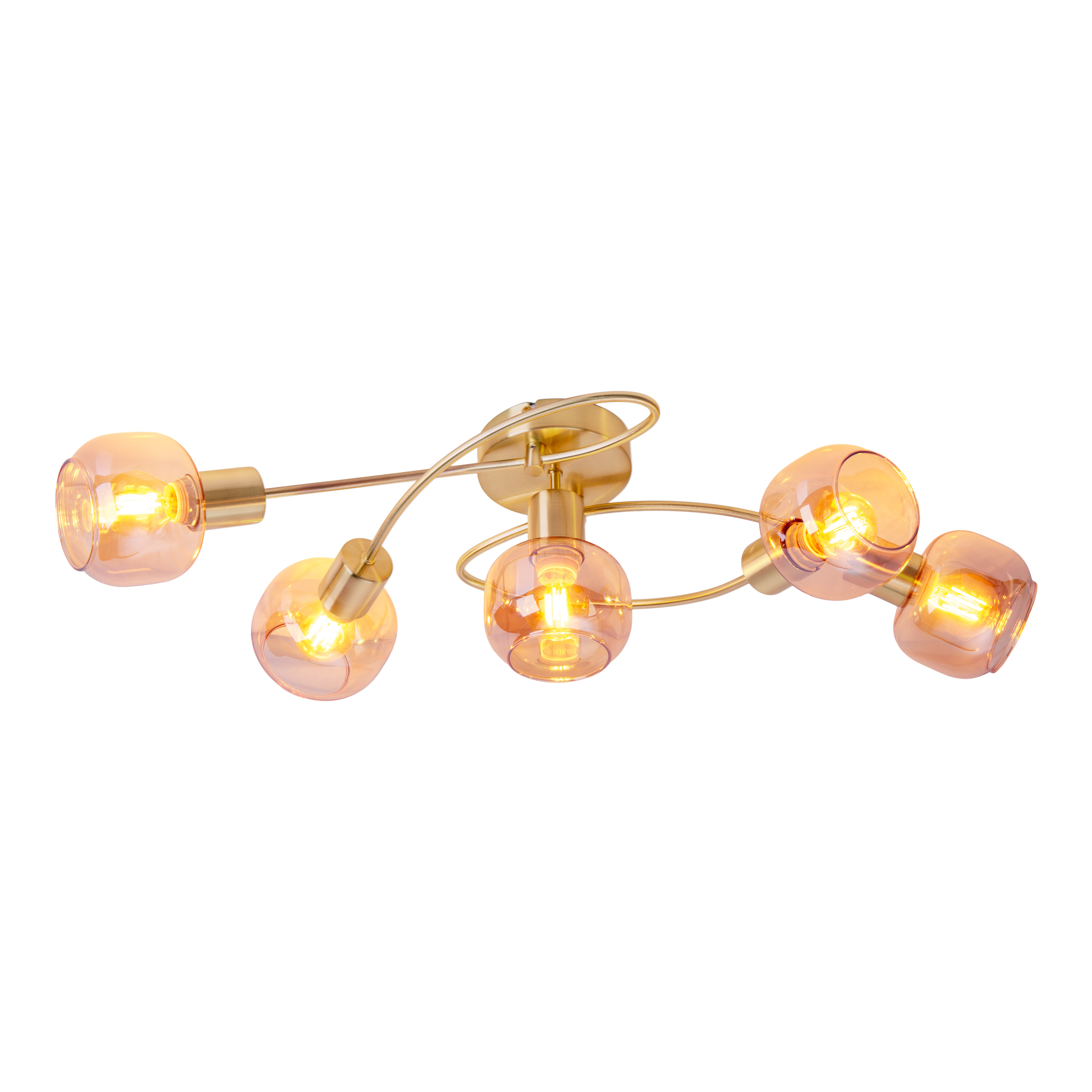 Deckenlampe mit fünf Lichtern, Gold-Finish, rosa Glasschirme.