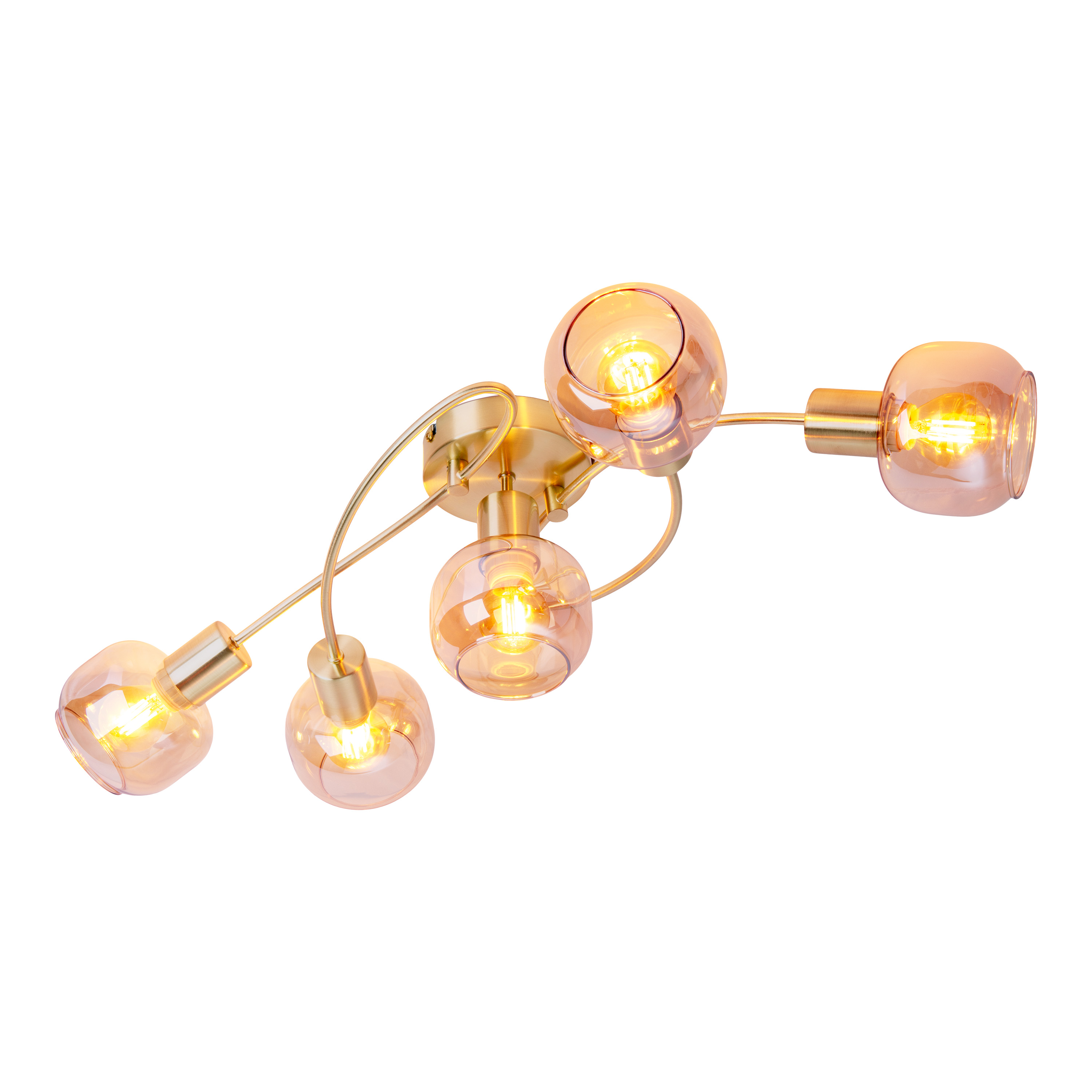 Deckenlampe mit fünf kugelförmigen Glühbirnen, goldene Halterung, auf weißem Hintergrund.