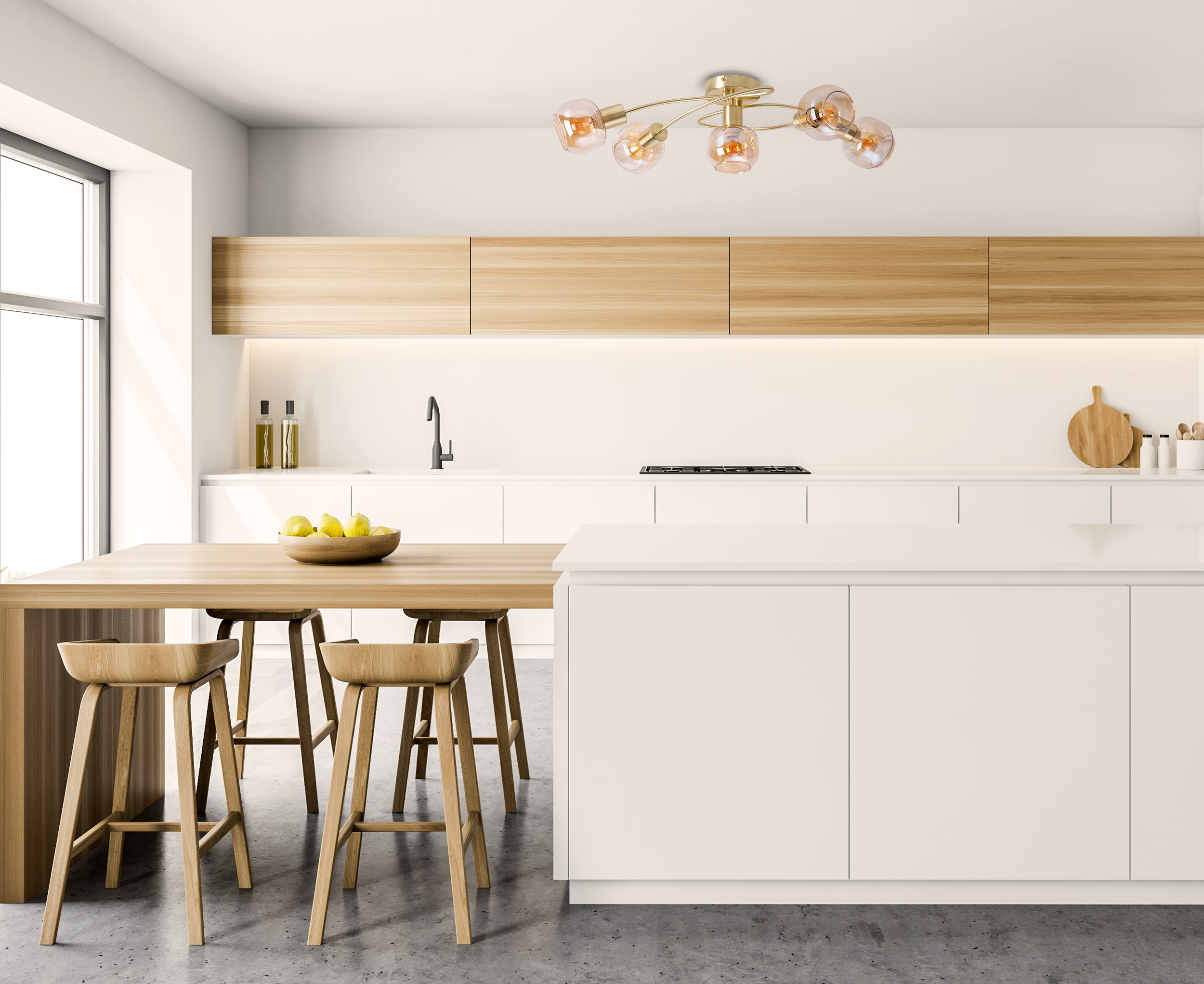 Moderne Küche mit Holkinsel, weißen Schränken, Betonboden und Pendelleuchten mit Glühbirnen.