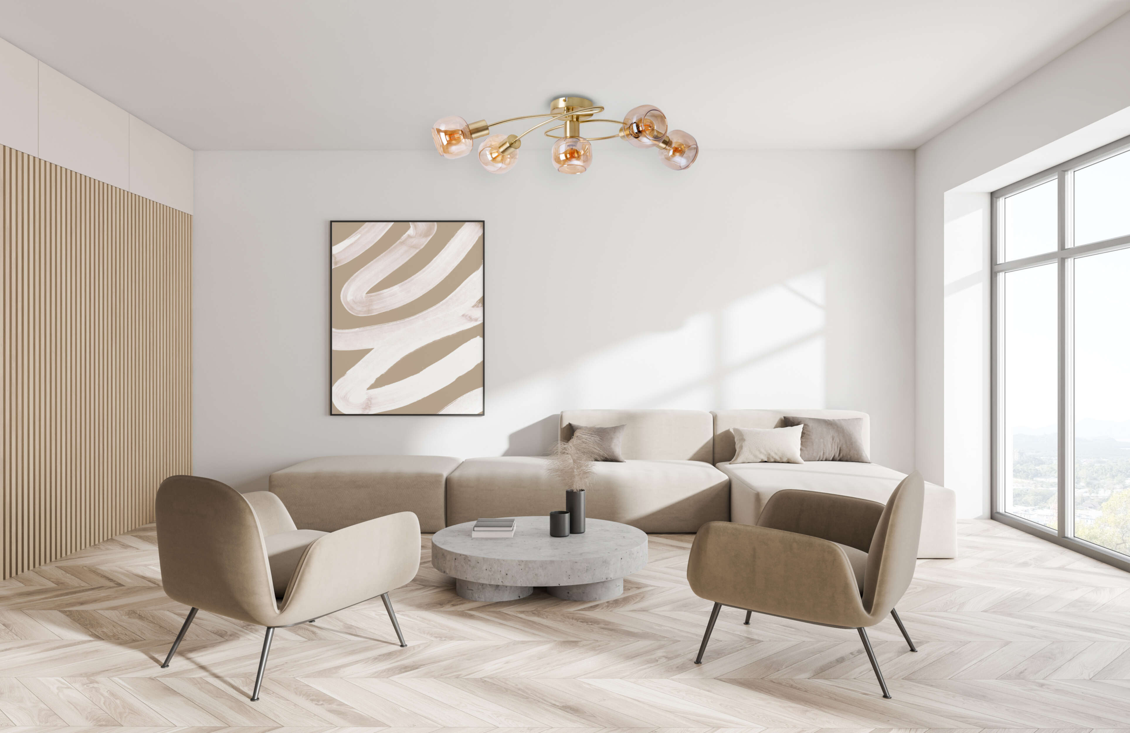 Ein modernes Wohnzimmer mit beigem Ecksofa, Kunst und goldener Leuchte.