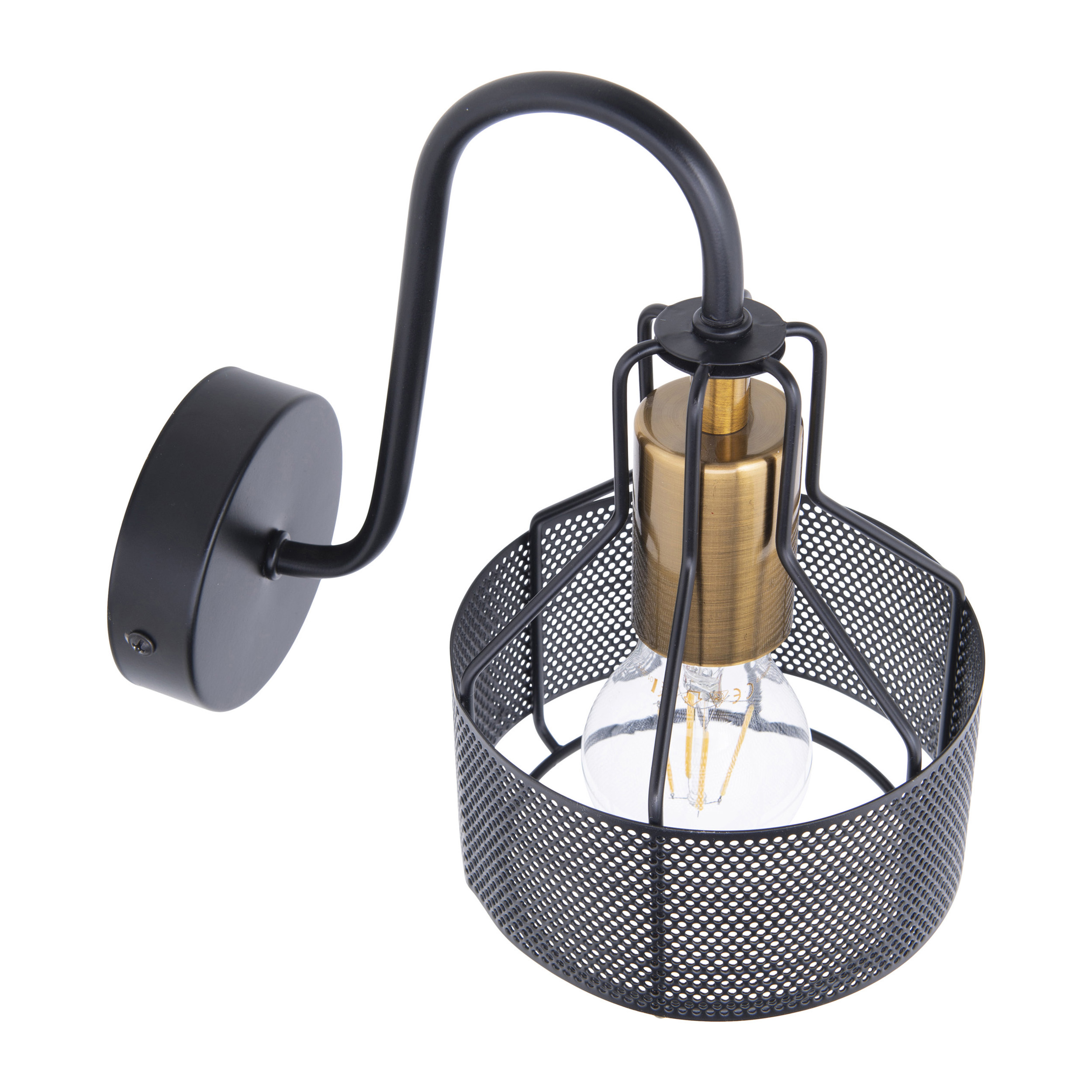 Schwarze Wandlampe mit käfigartigem Schirm und goldenem Lampenhalter.