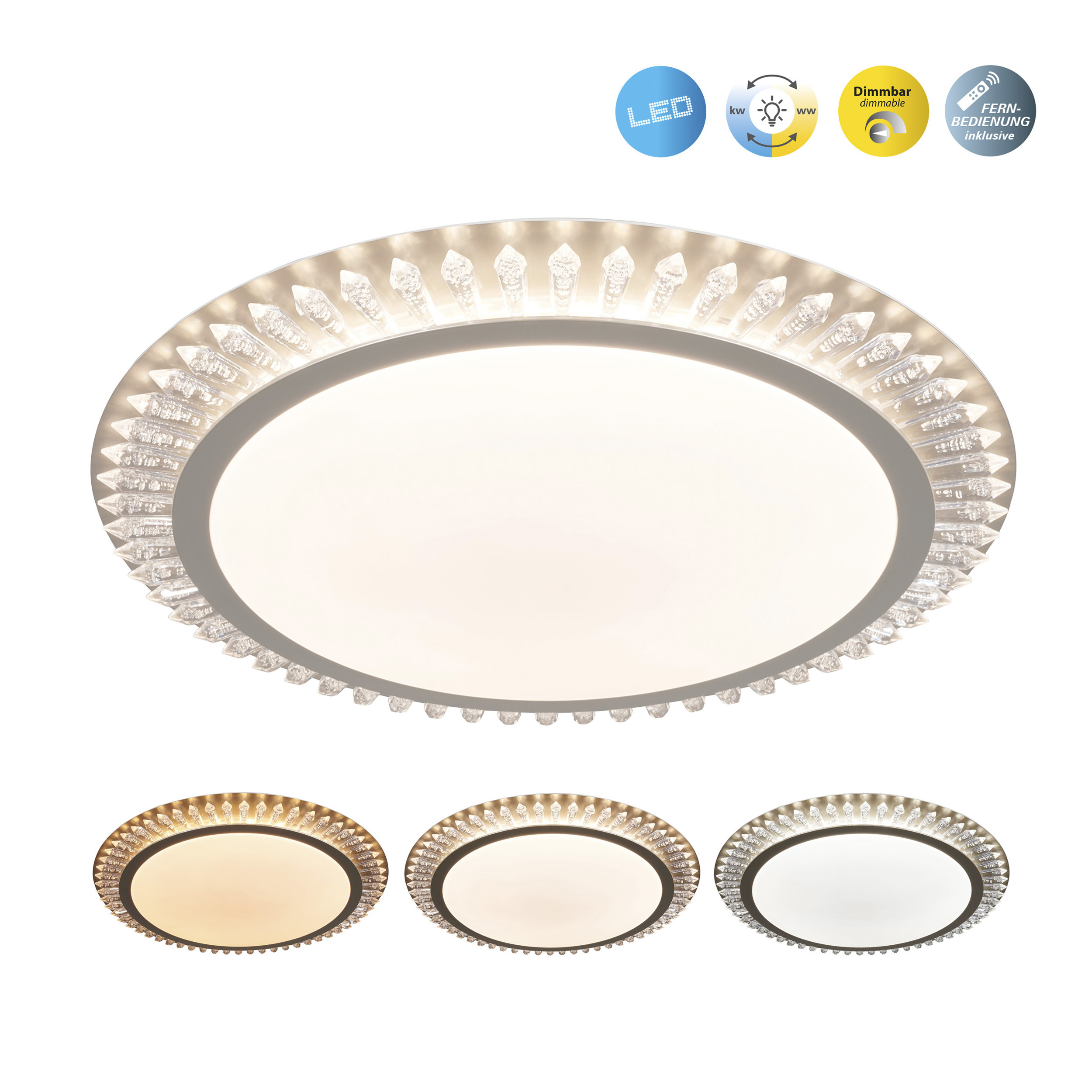 Eine ovale LED-Deckenleuchte mit Kristallakzenten. Unterhalb der Leuchte werden drei Lichtfarboptionen gezeigt.