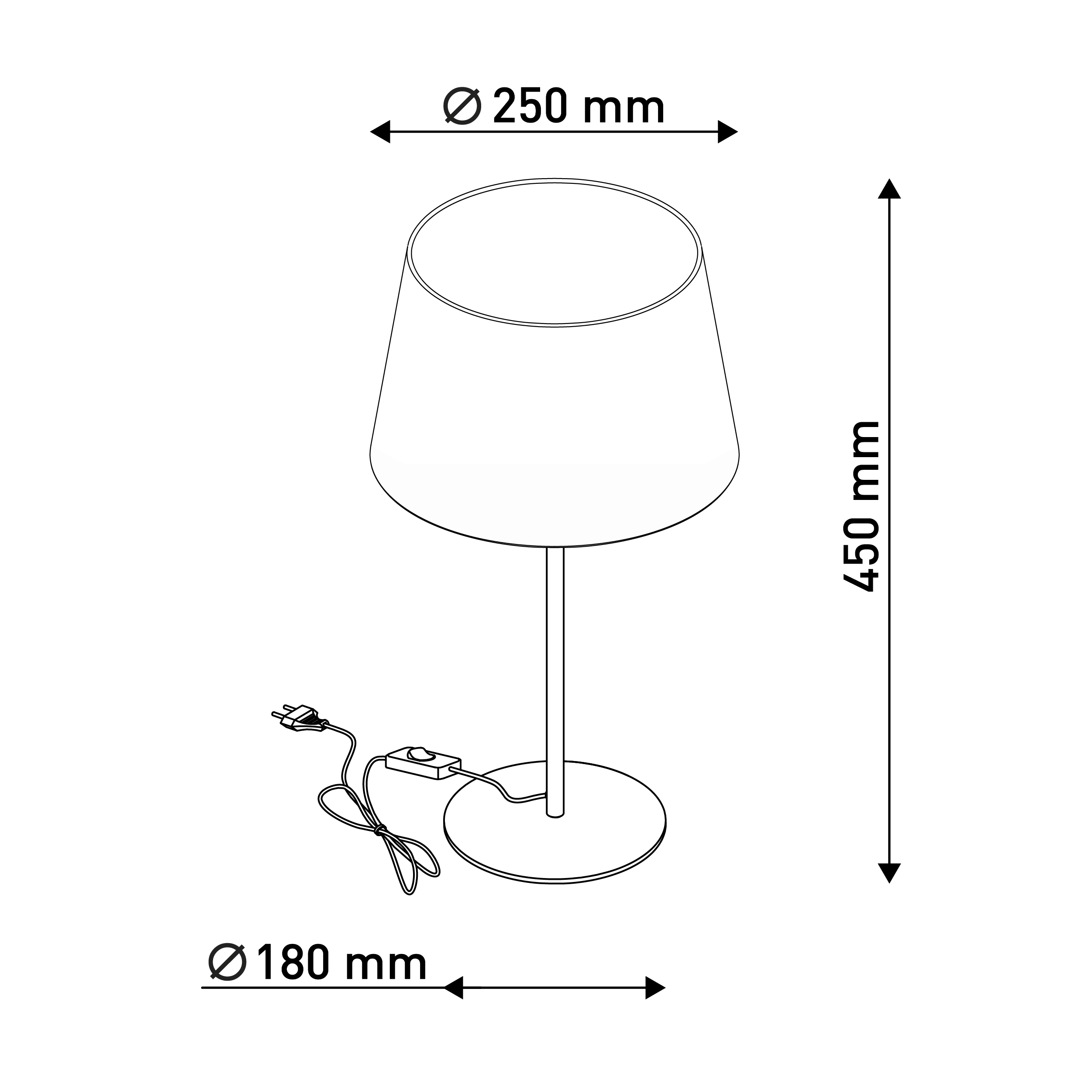 Eine weiße Lampe mit beschrifteten Abmessungen. Die Lampe hat einen Schirm und einen Ständer.