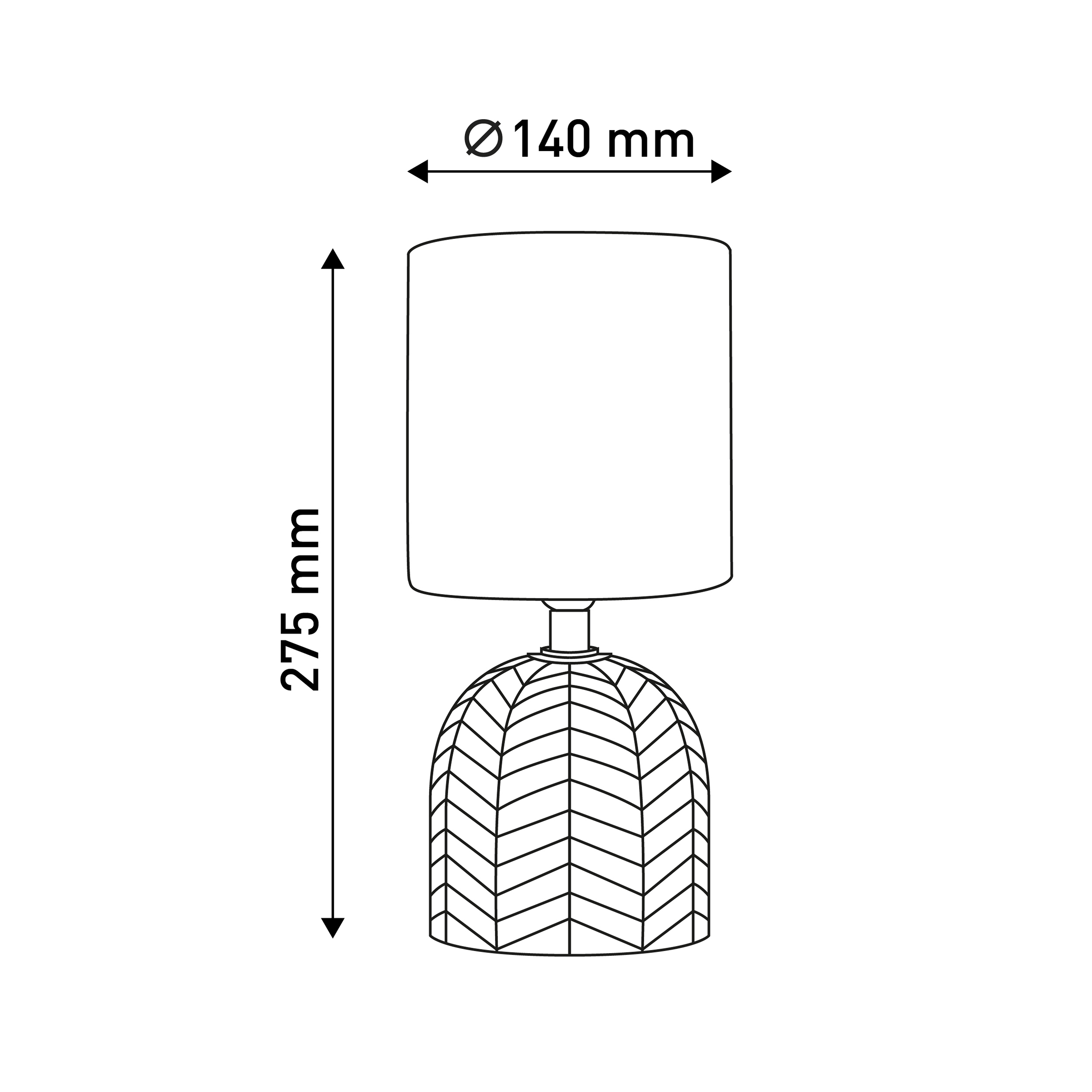Eine Lampe mit weißem Schirm, schwarzem Fuß und Zickzackmuster. Maße sind angegeben.