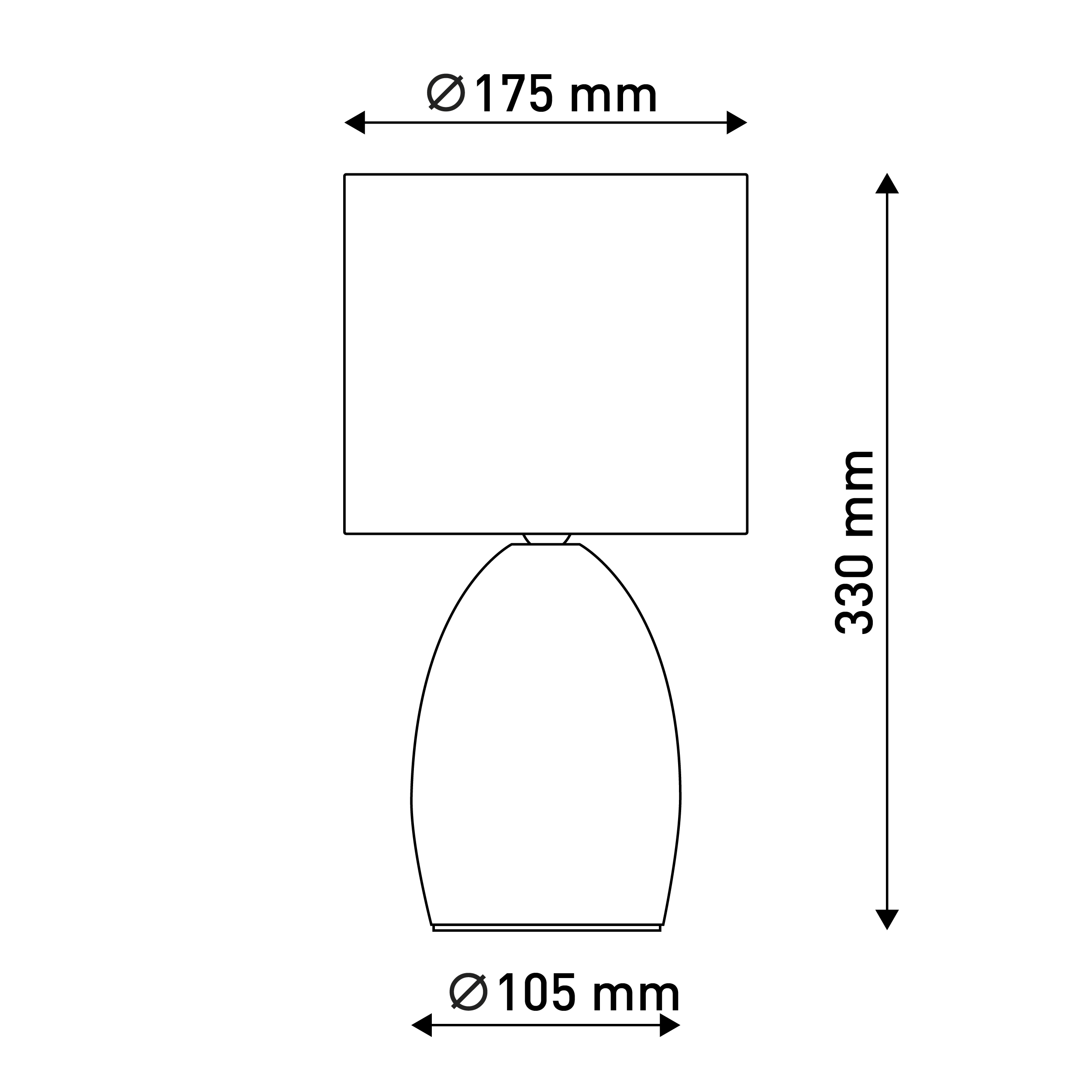 Diagramm einer Tischlampe mit Abmessungen in mm: 175 mm Breite, 330 mm Höhe, 105 mm Basis.