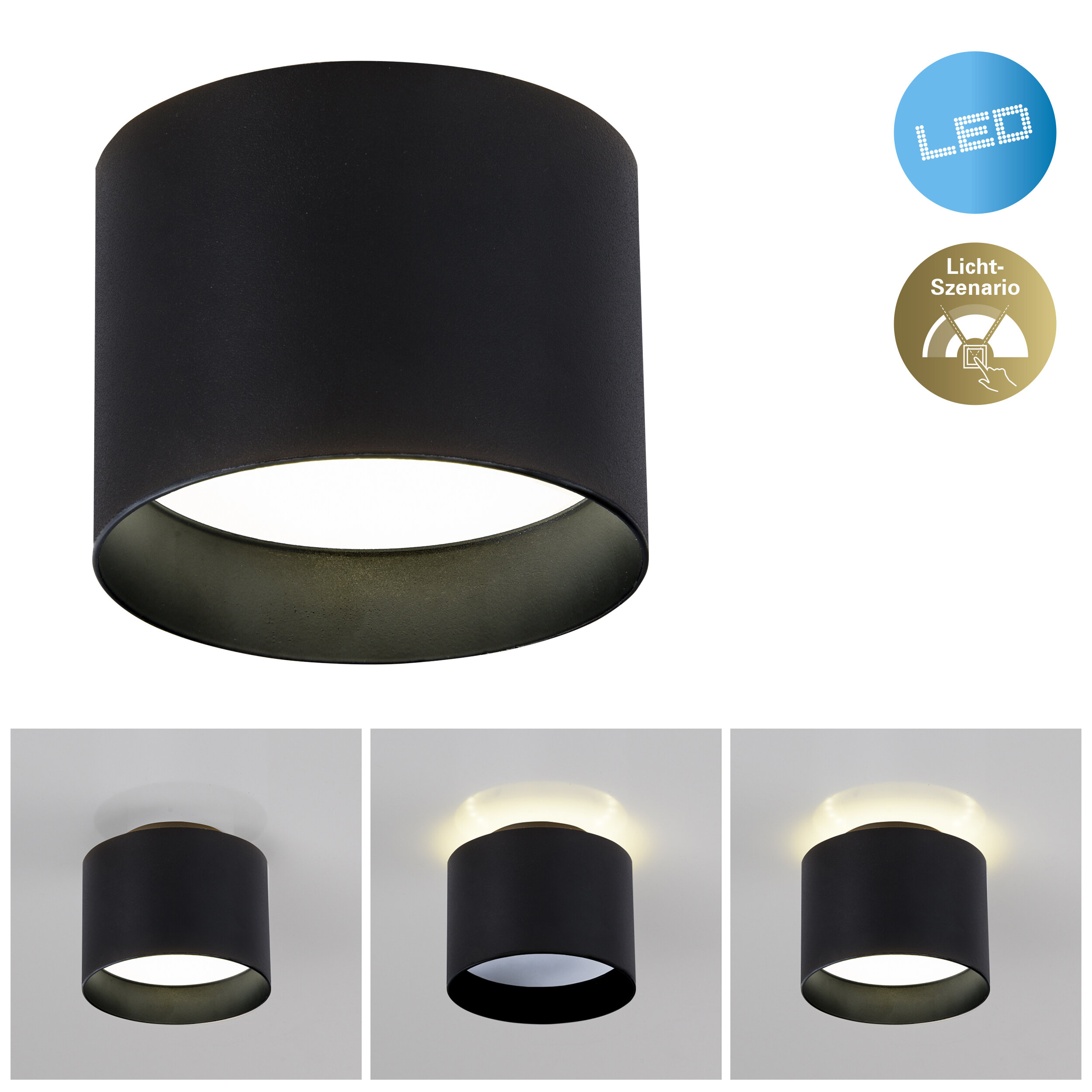 Eine schwarze zylindrische Deckenleuchte mit goldfarbenem Innenraum. Drei Beleuchtungsoptionen werden angezeigt. LED- und Lichtszenario-Symbole.