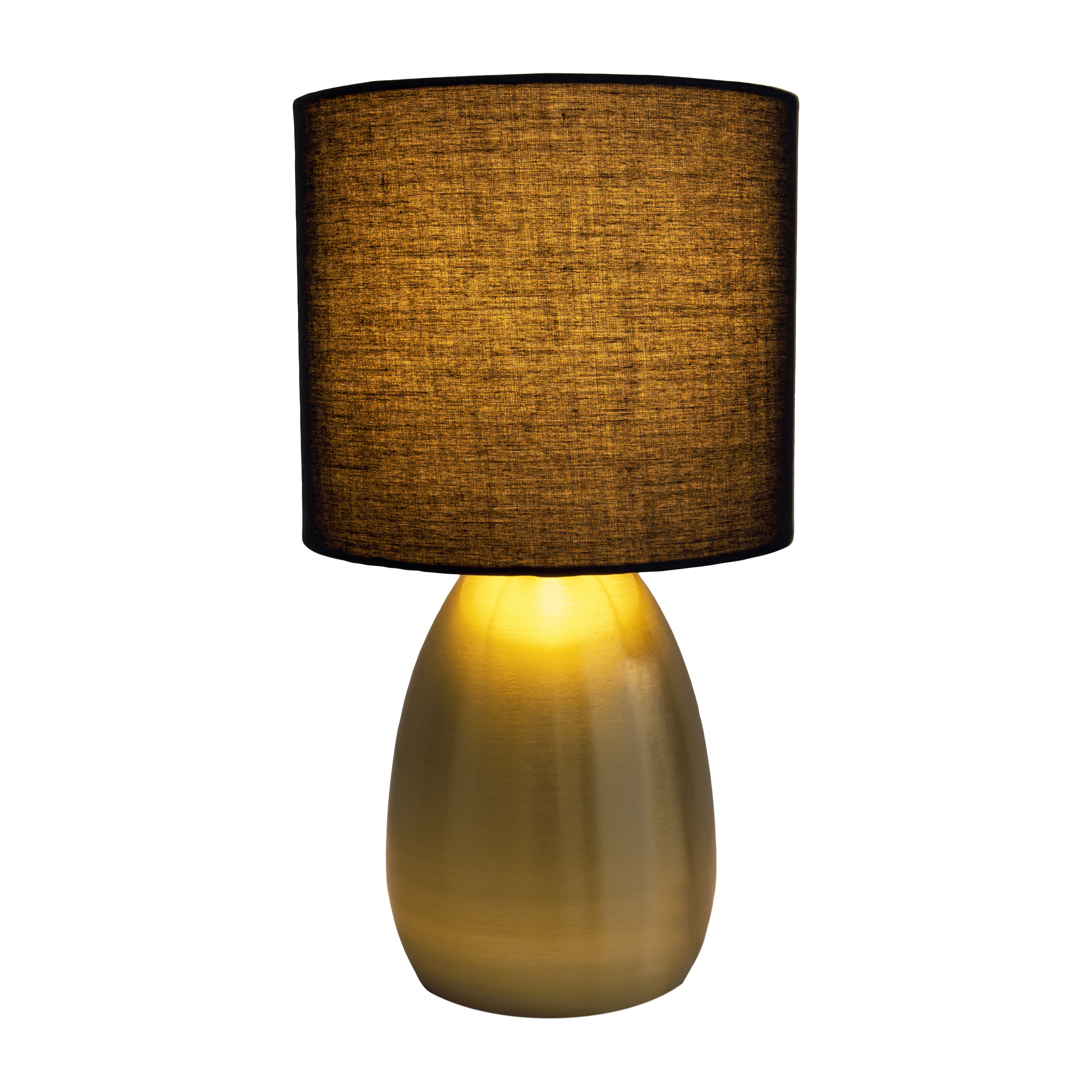 Eine goldfarbene Lampe mit schwarzem Lampenschirm. Die Lampe hat einen eiförmigen Fuß.