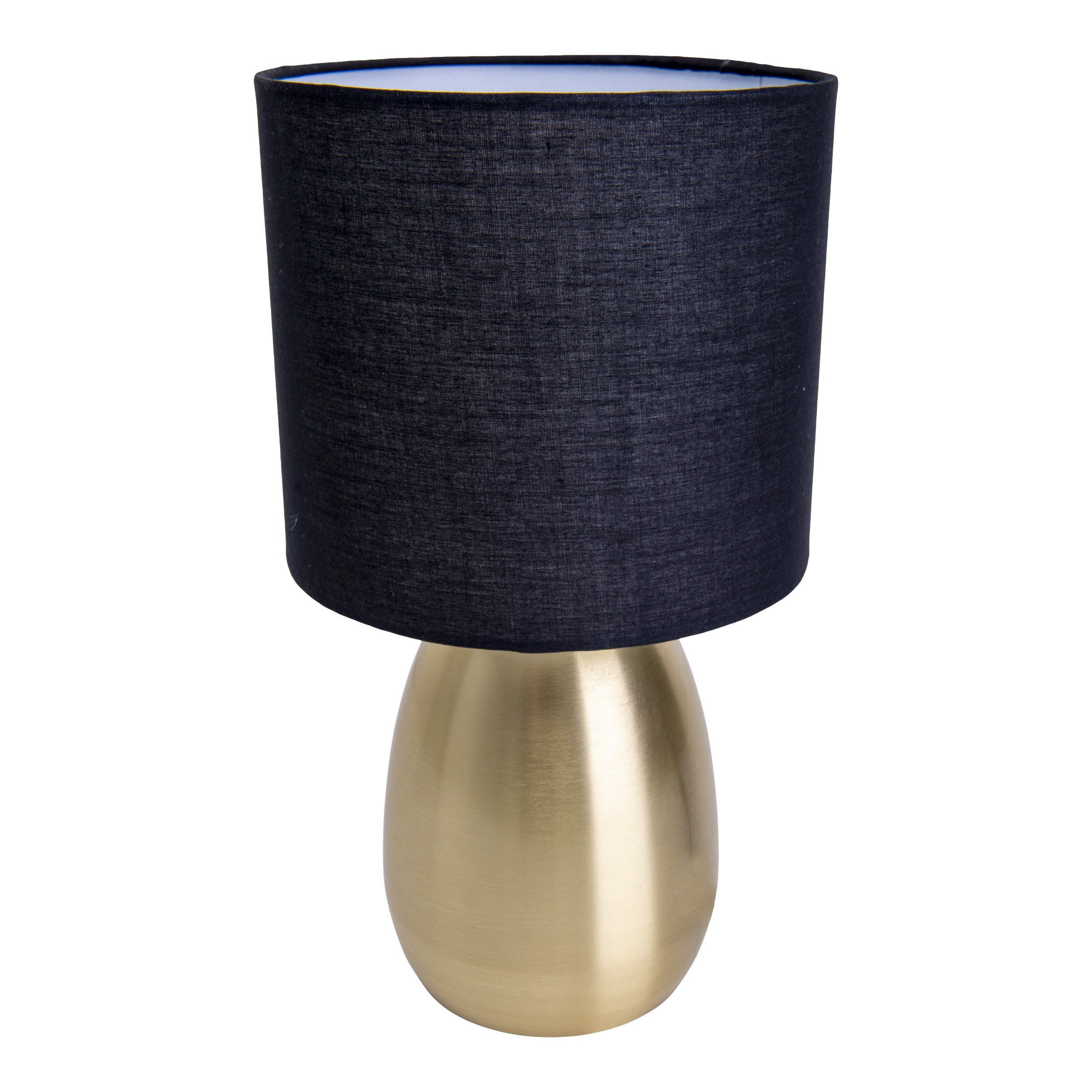 Eine goldfarbene Lampe mit schwarzem Lampenschirm. Der Sockel der Lampe ist eiförmig.