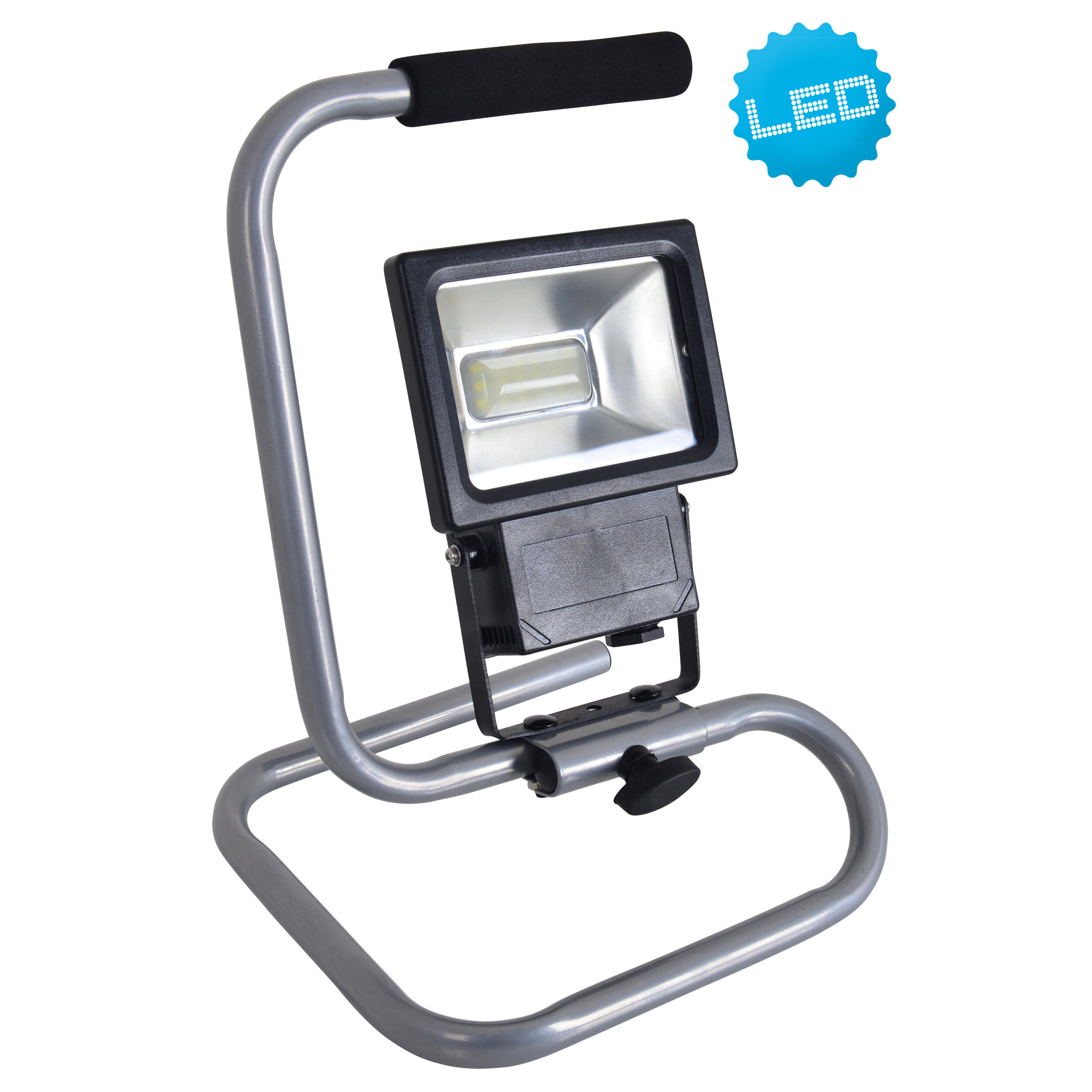 Tragbare LED-Arbeitsleuchte mit Metallrahmen, schwarzem Leuchtengehäuse und blauem LED-Etikett auf weißem Grund.