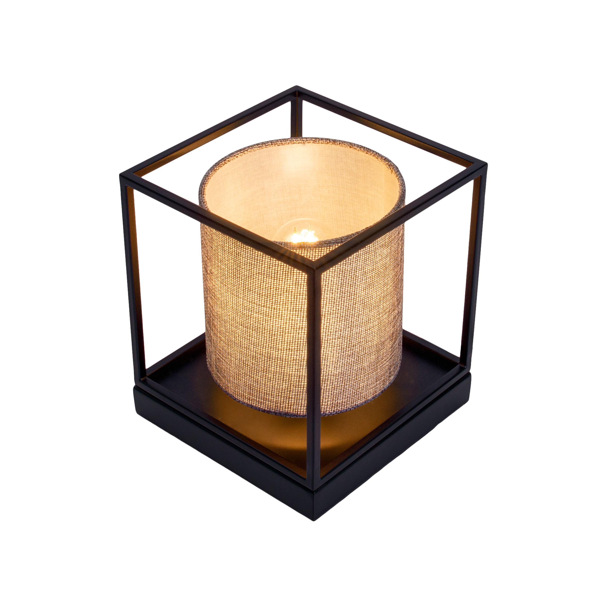 Beleuchtete Lampe in einem schwarzen quadratischen Rahmen. Brauner Lampenschirm. Weißer Hintergrund.