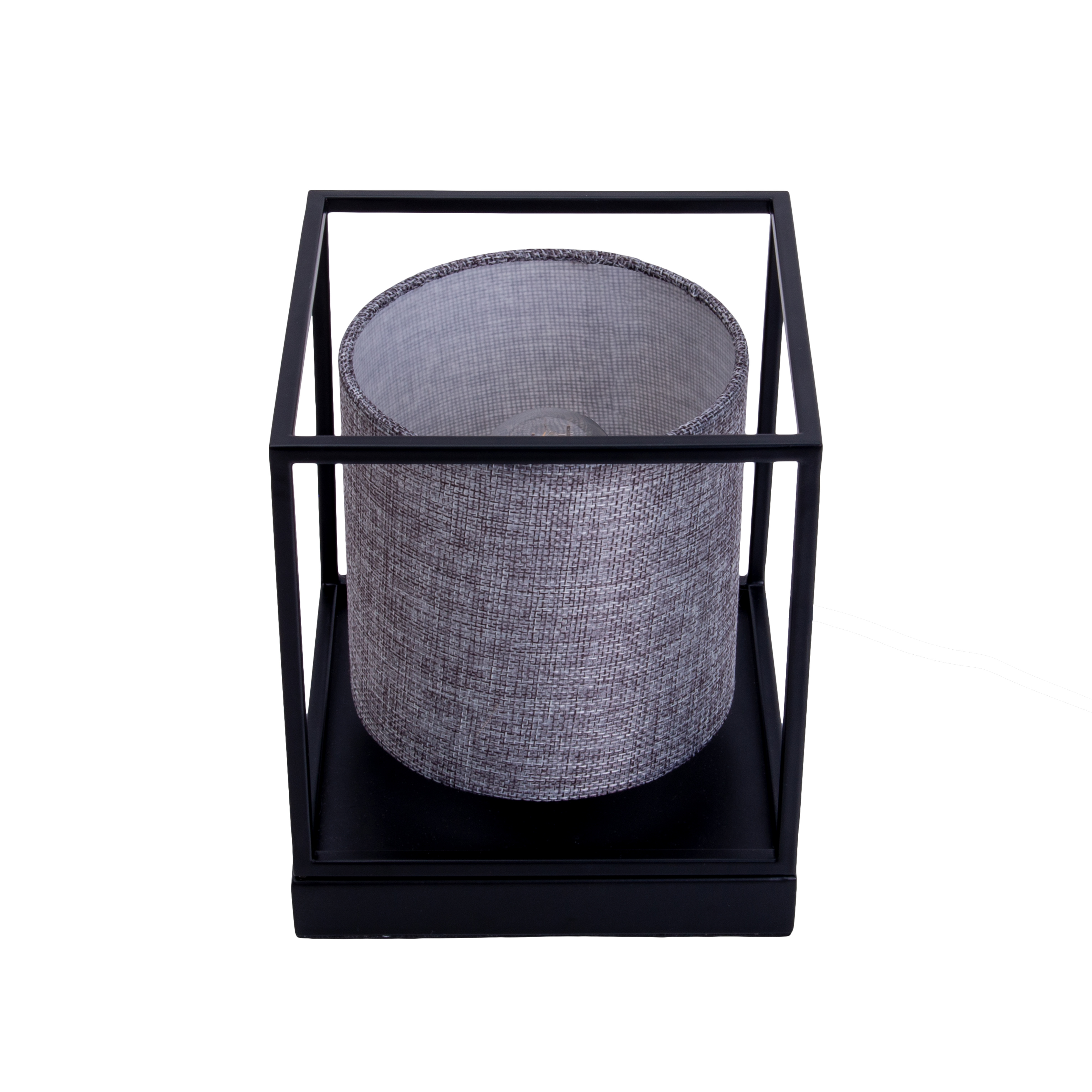 Schwarze Lampe mit grauem Stoffschirm in einem schwarzen Rahmen, auf weißem Hintergrund.