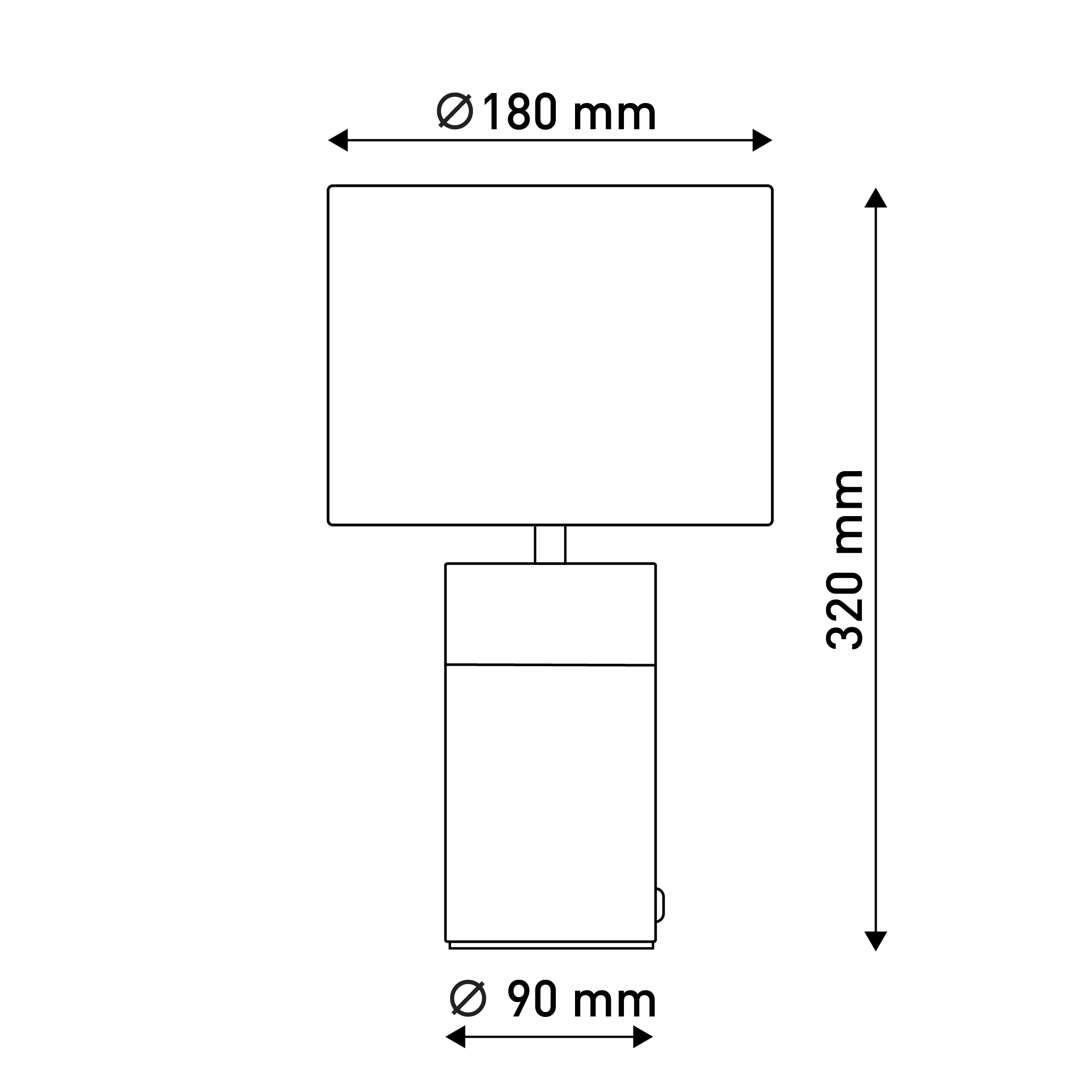 Eine Strichzeichnung einer Lampe mit den Abmessungen: 180 mm breit, 320 mm hoch und eine Basis von 90 mm. Sie hat einen Schirm.