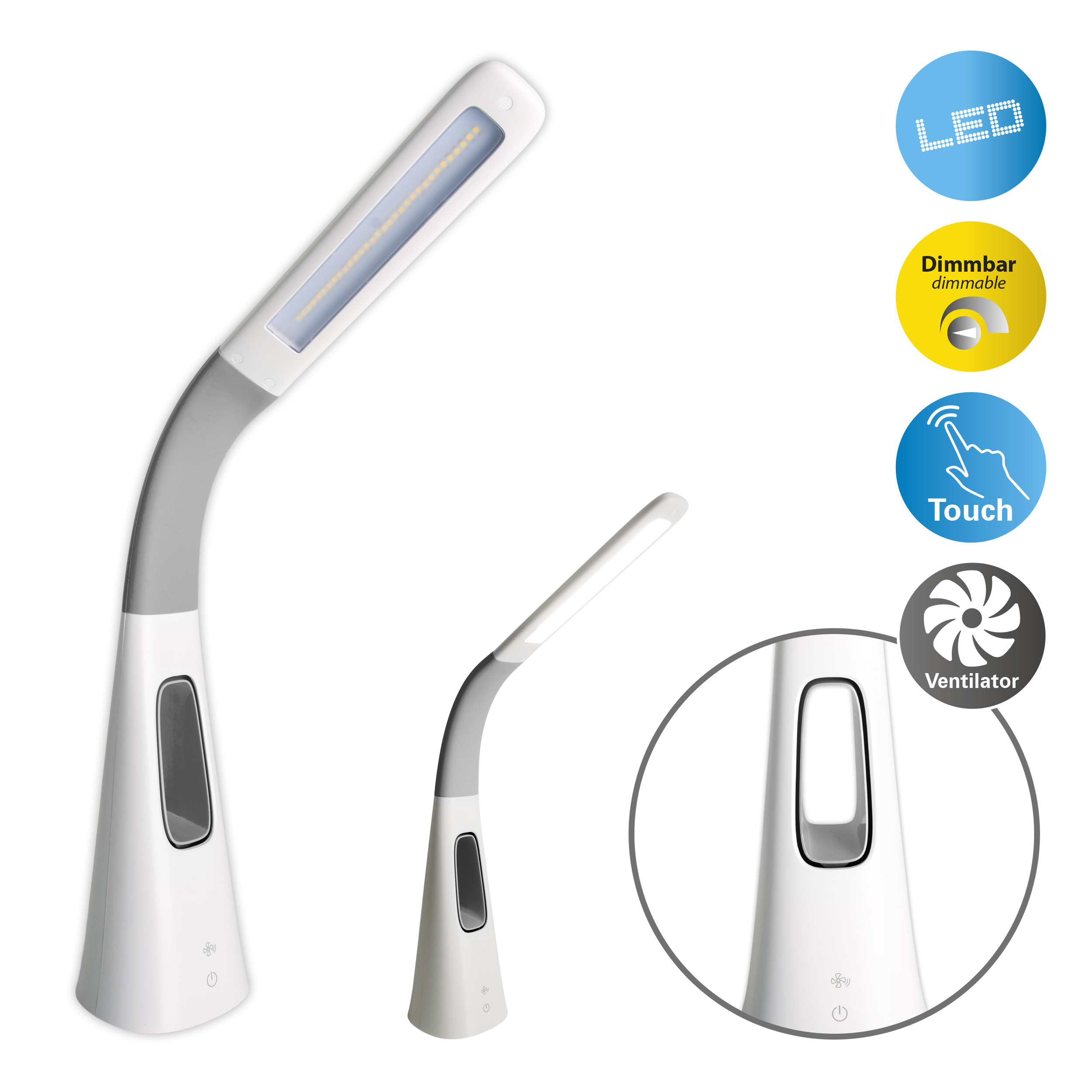 Eine weiße Schreibtischlampe mit grauem, gebogenem Arm. Sie verfügt über eine Touch-Steuerung und einen kleinen Ventilator.