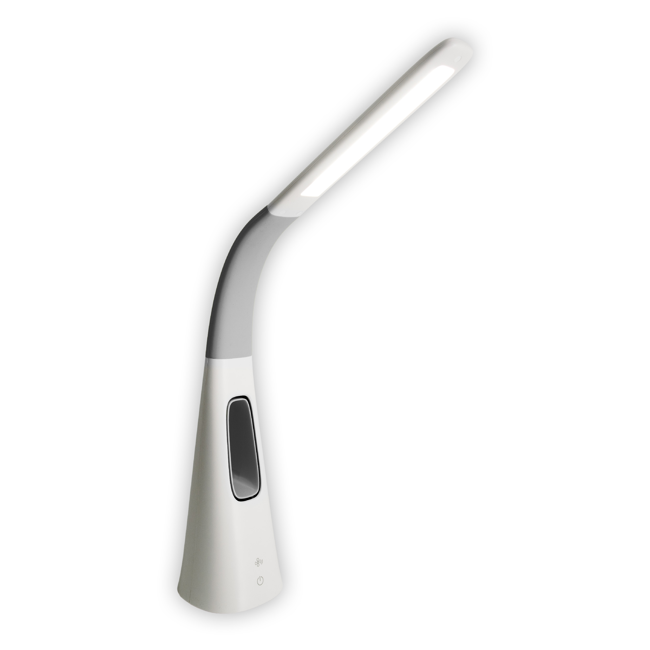 Eine weiße und graue Schreibtischlampe mit einem gebogenen, verstellbaren Hals und einem berührungsempfindlichen Ein-/Ausschalter.
