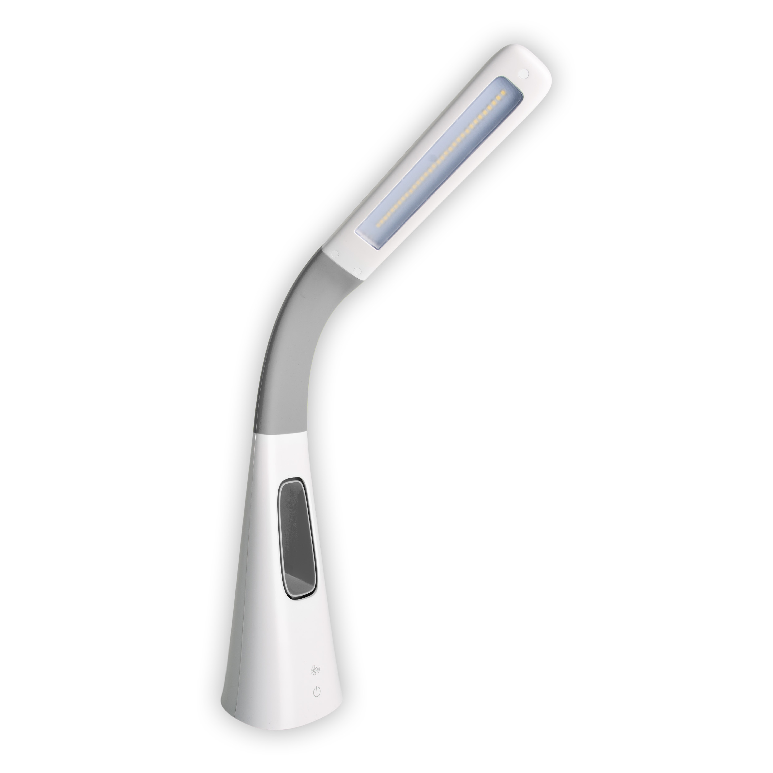 Eine weiß-graue Schreibtischlampe mit verstellbarem Arm, die blaues Licht aussendet, auf weißem Hintergrund.