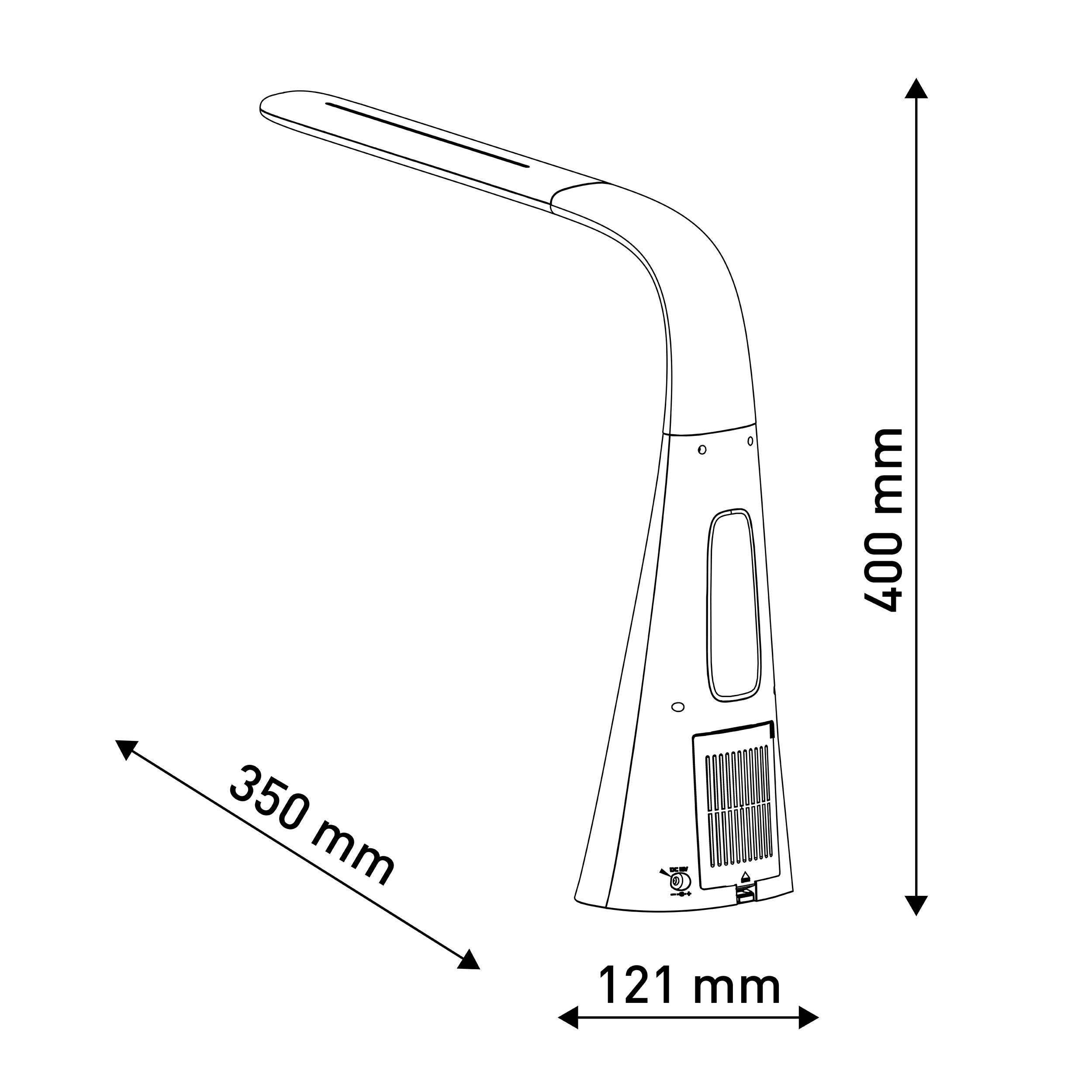 Schwarz-weißes Diagramm einer Lampe mit den Maßen: 350mm x 121mm x 400mm.