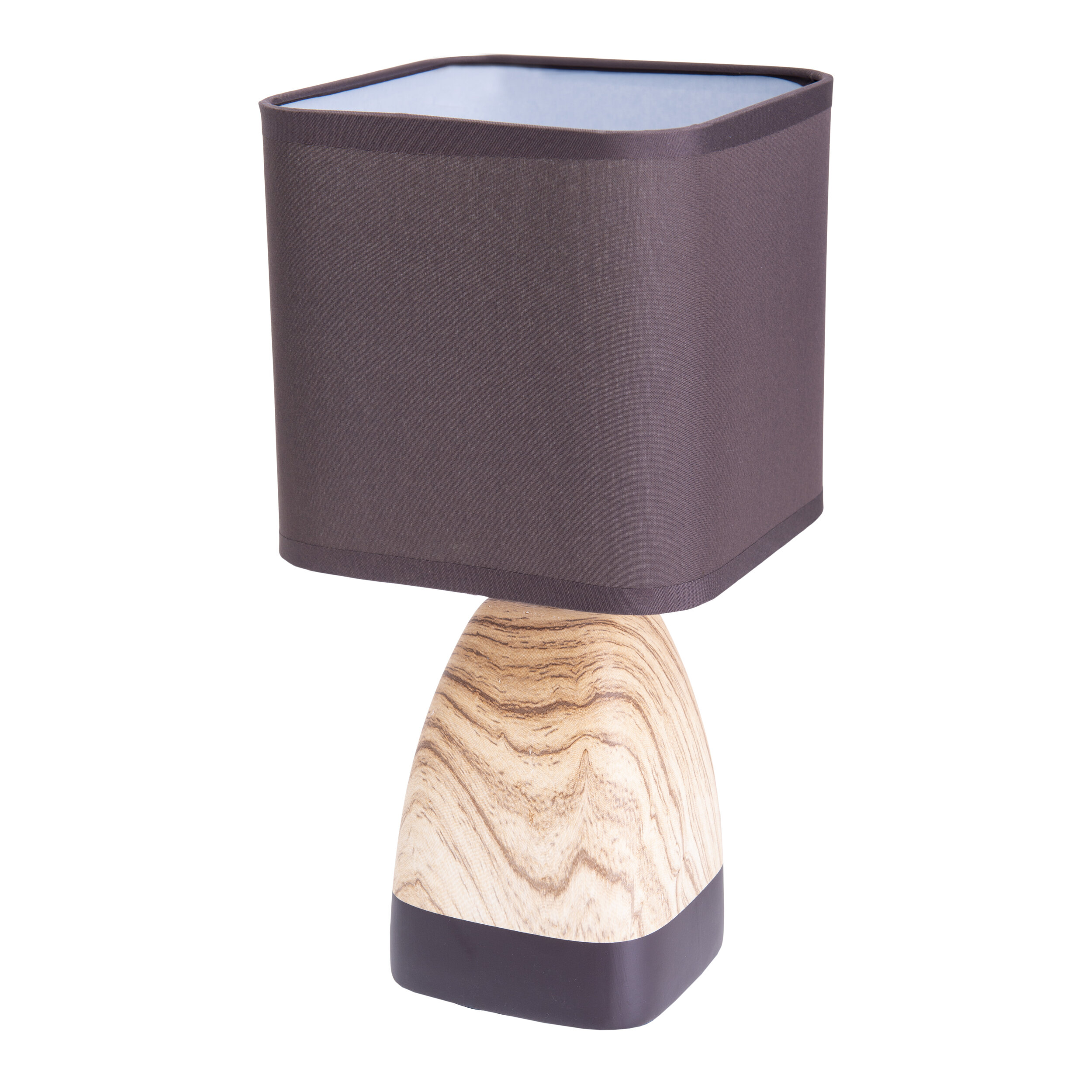 Tischlampe mit braunem Lampenschirm und Holzstruktur-Sockel auf weißem Hintergrund.