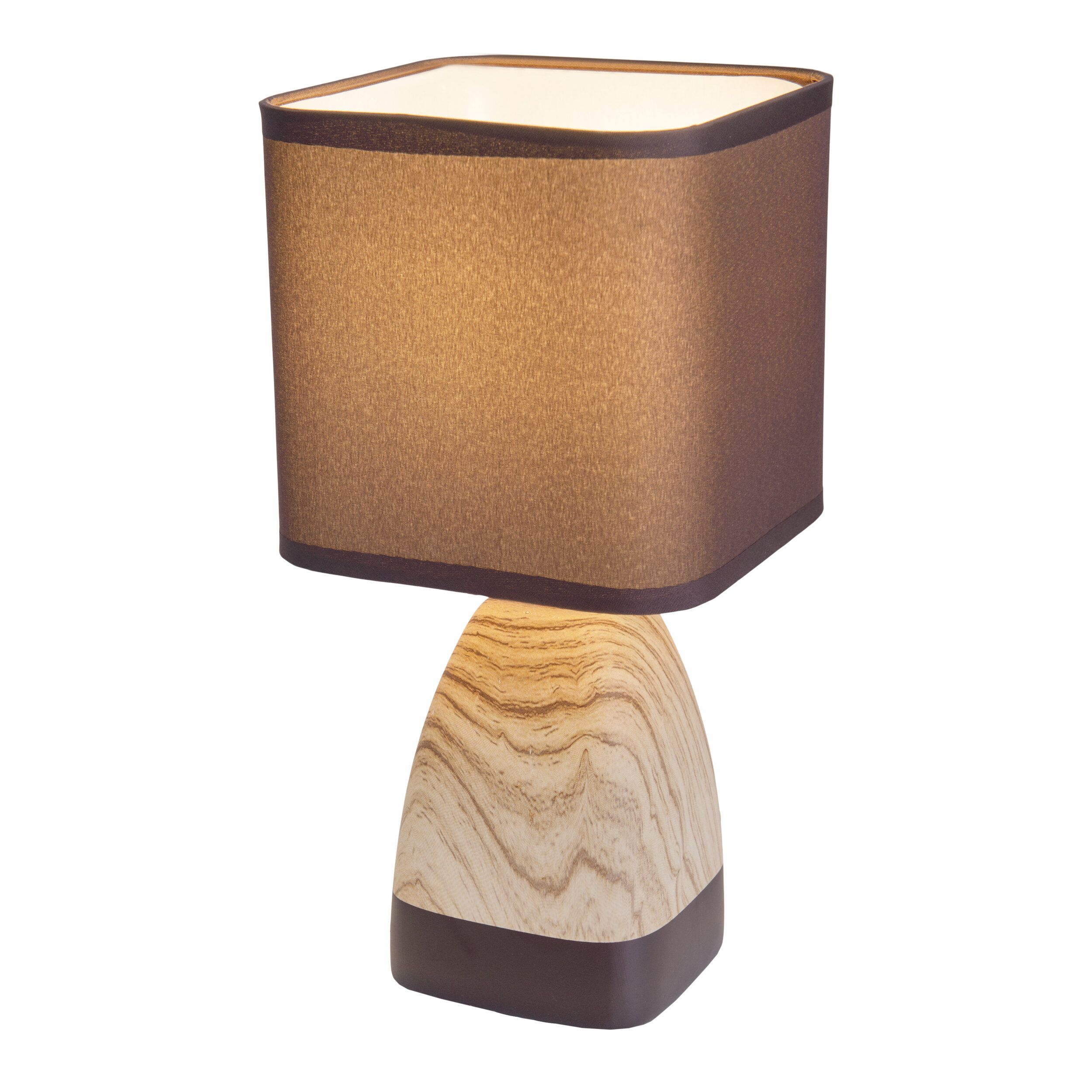 Tischlampe mit braunem Schirm und Holzfuß. Der Schirm ist quadratisch geformt.