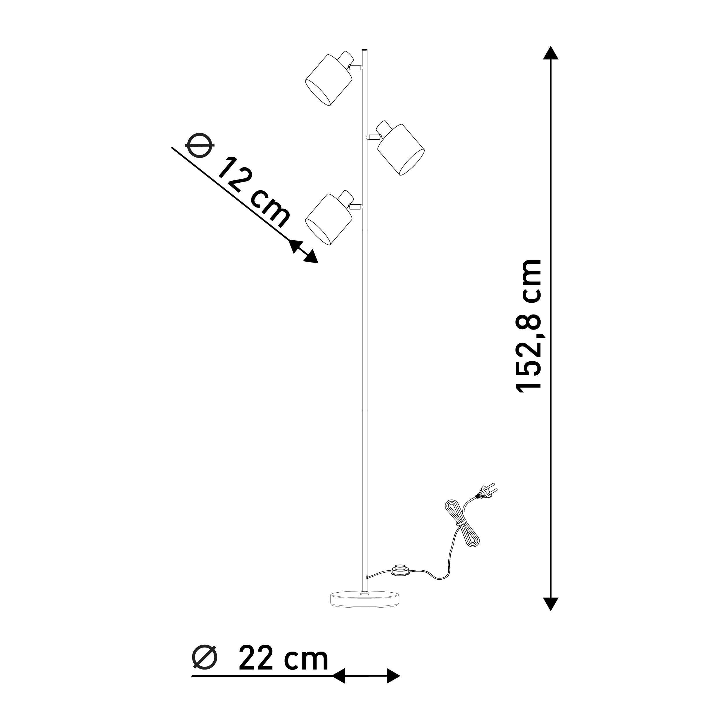 Eine hohe, silberne Stehlampe mit drei Strahlern und einem runden Sockel. Sie steht auf weißem Grund.