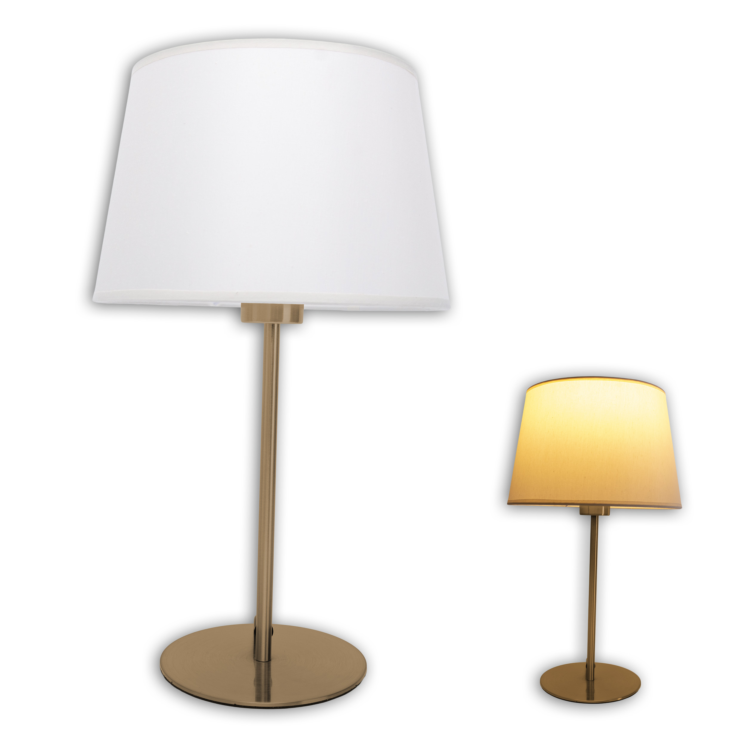 Zwei Tischlampen, eine große und eine kleine, weiße Schirme.
