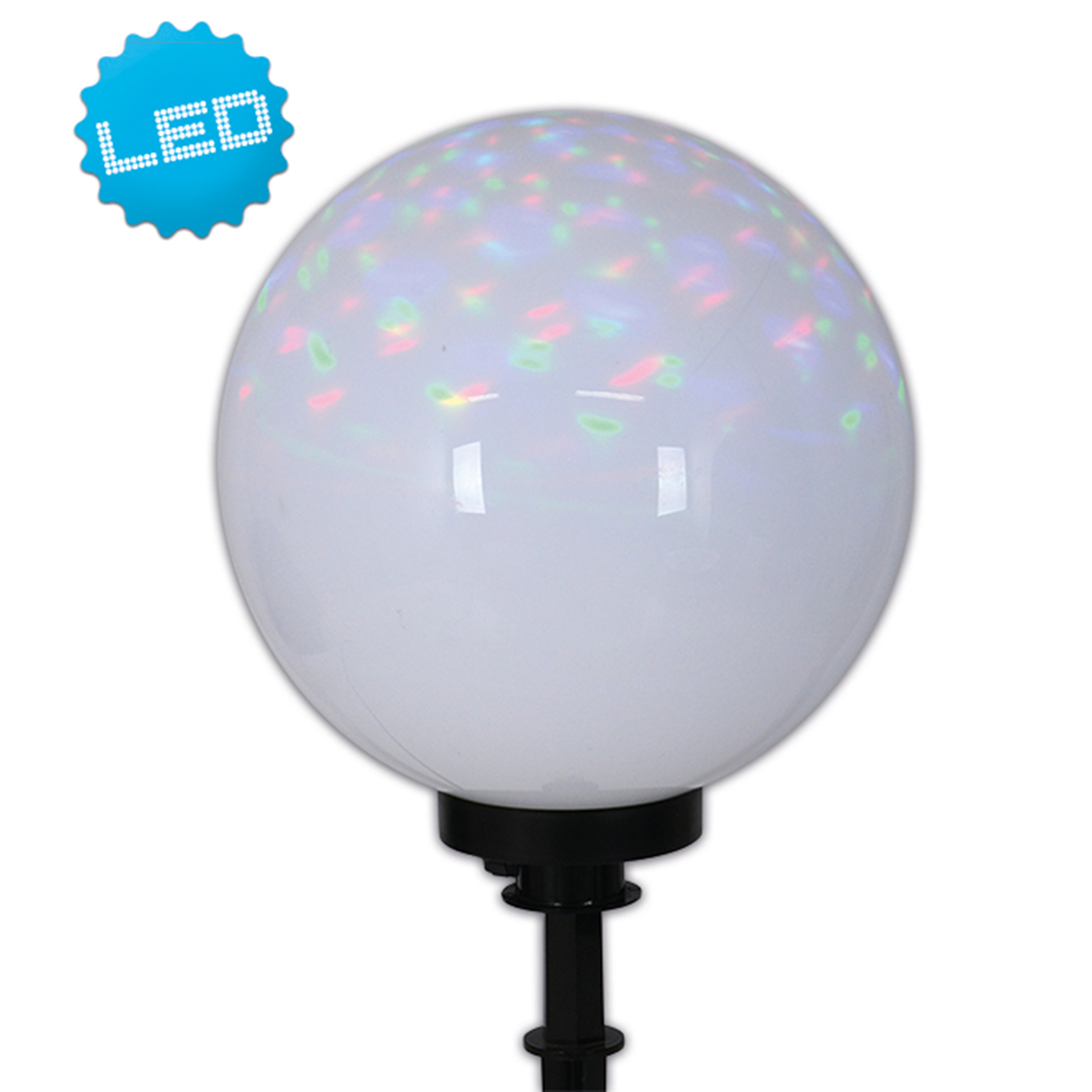 Eine weiße LED-Kugel mit farbigen Lichtern. Sie hat einen schwarzen Ständer und ein LED-Schild.