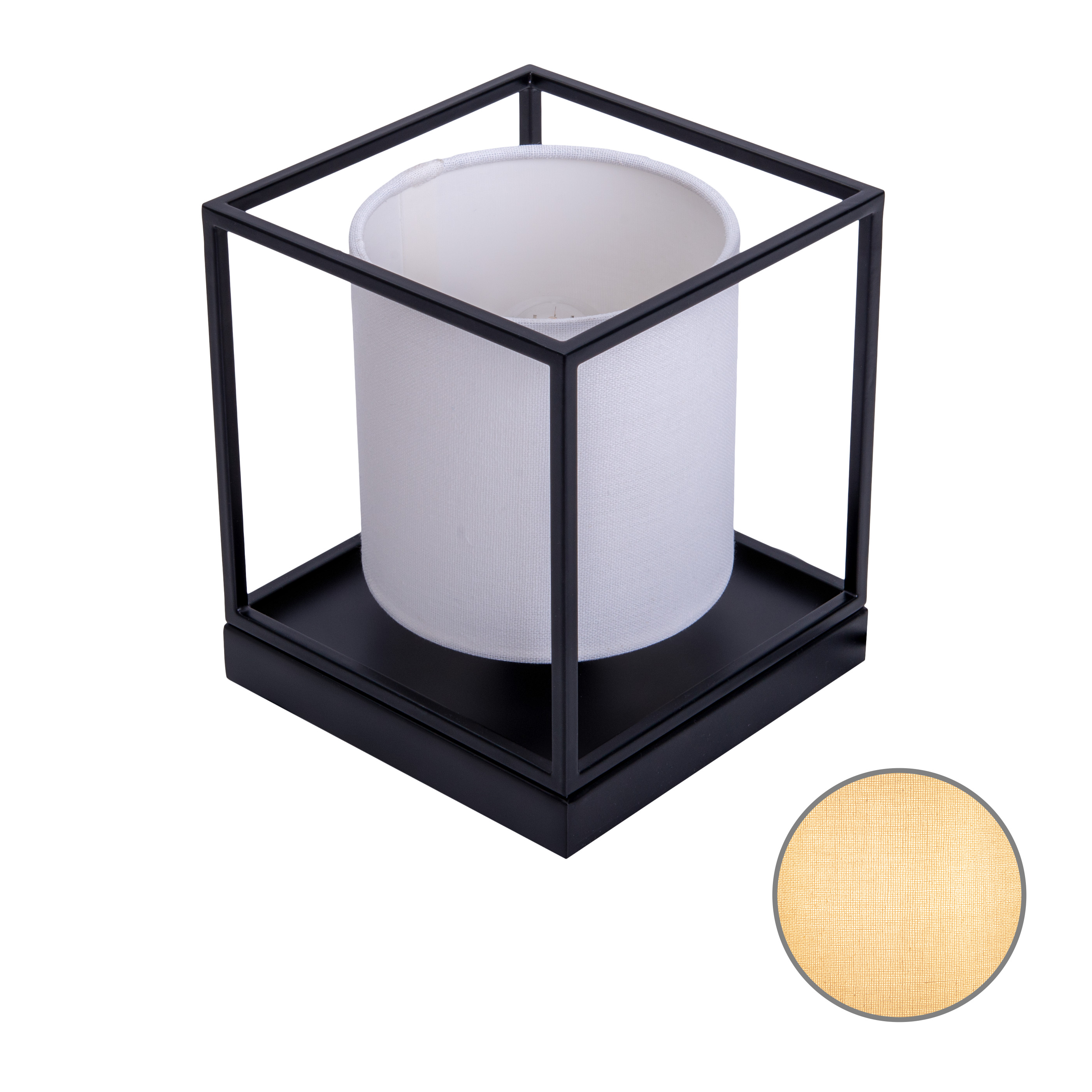 Eine schwarze quadratische Lampe mit weißem Lampenschirm.