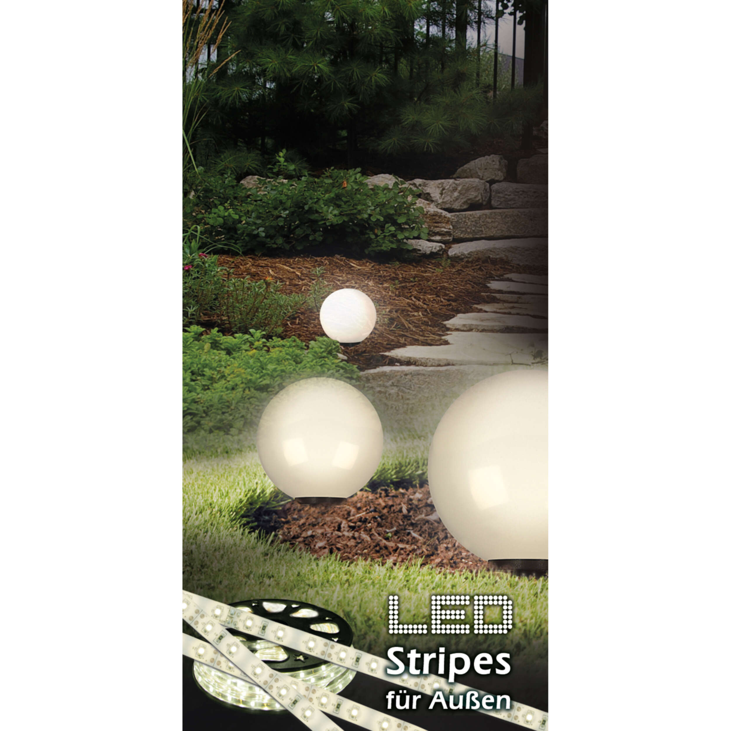 Ein Werbebild für LED-Streifen für den Außenbereich. Es zeigt weiße Kugelleuchten in einer Gartenszene mit LED-Streifen.
