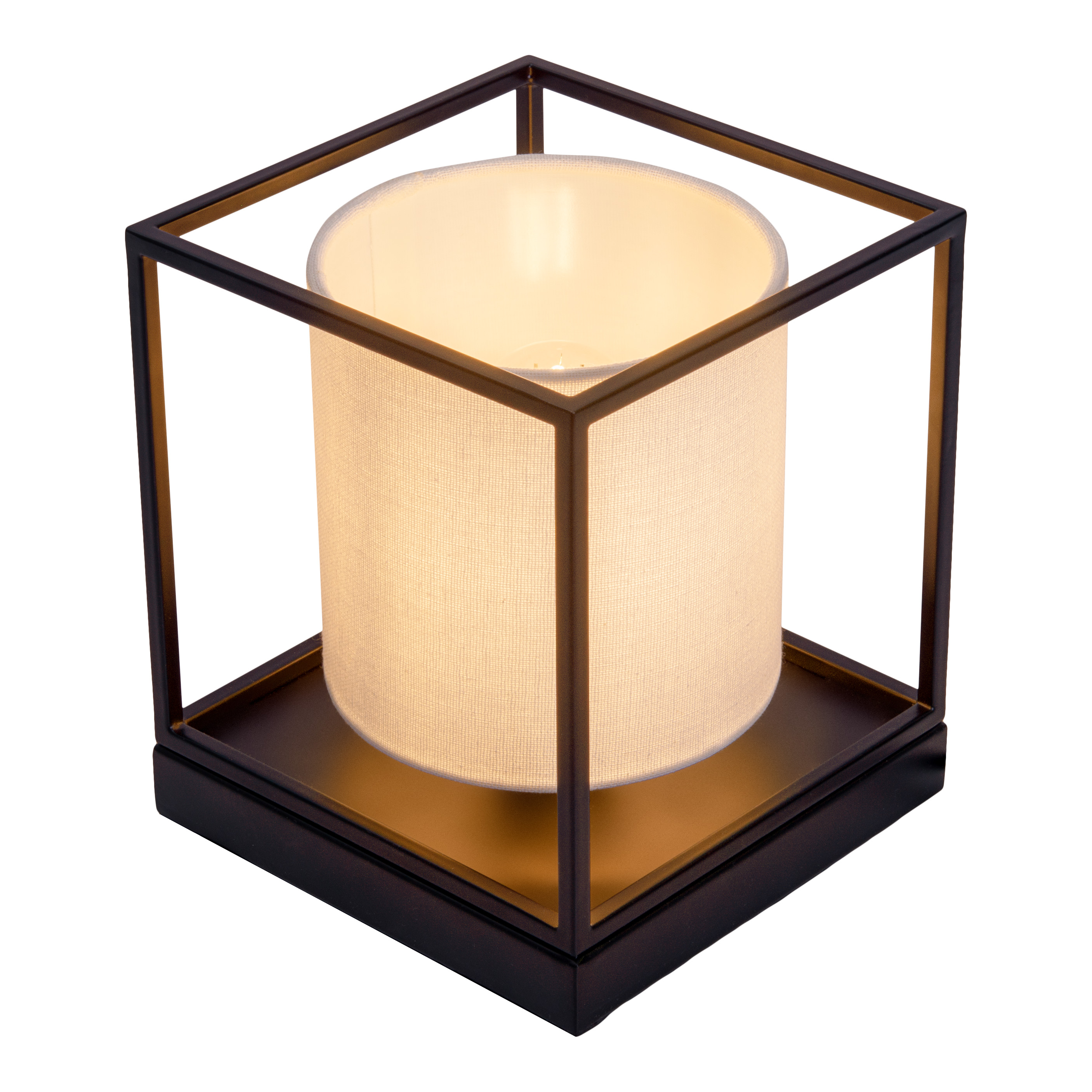 Eine schwarz-weiße würfelförmige Lampe mit einem zylindrischen Lampenschirm. Das Licht ist an.