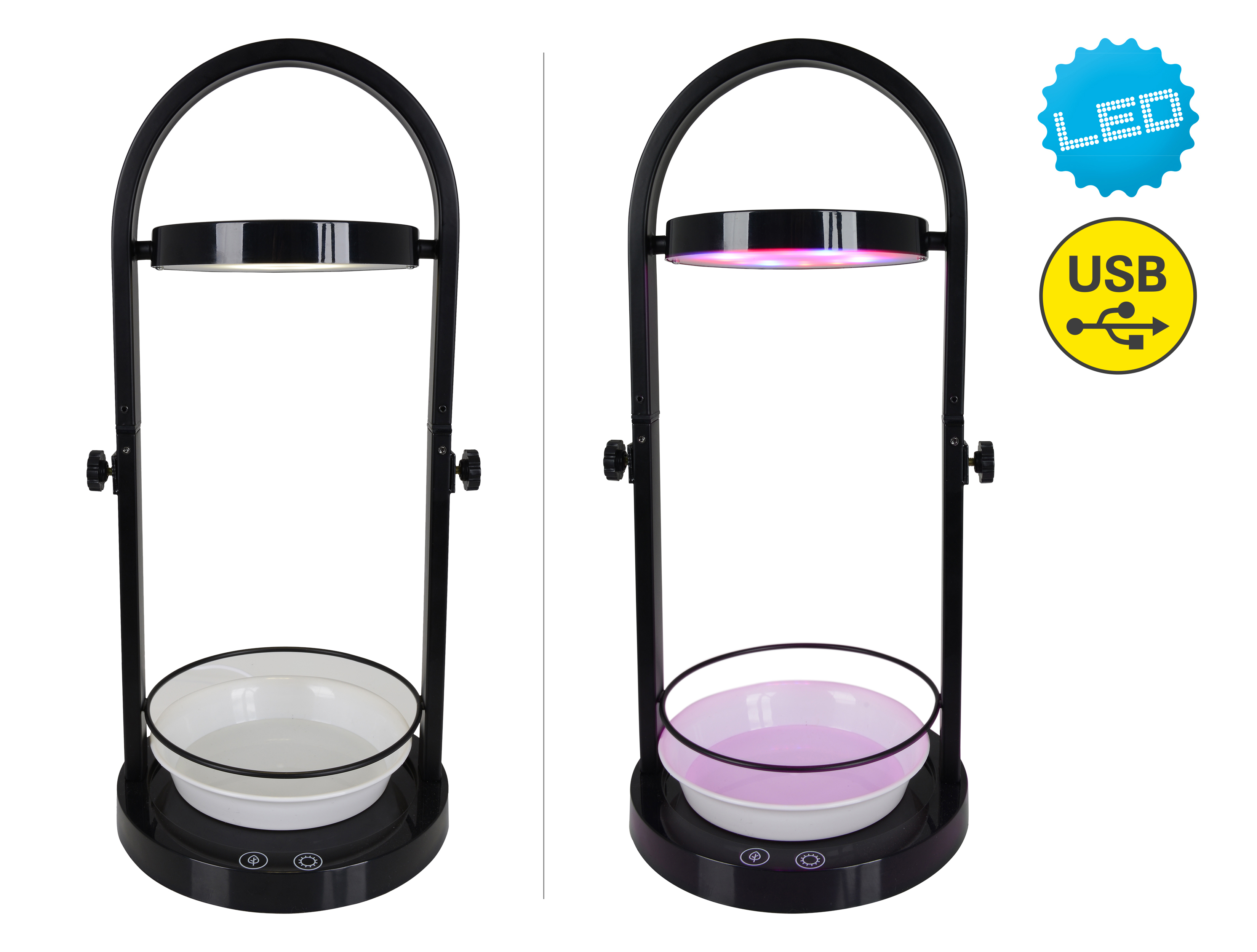 Schwarzes LED-Wachstumslicht mit weißer Schale und USB-Logo.