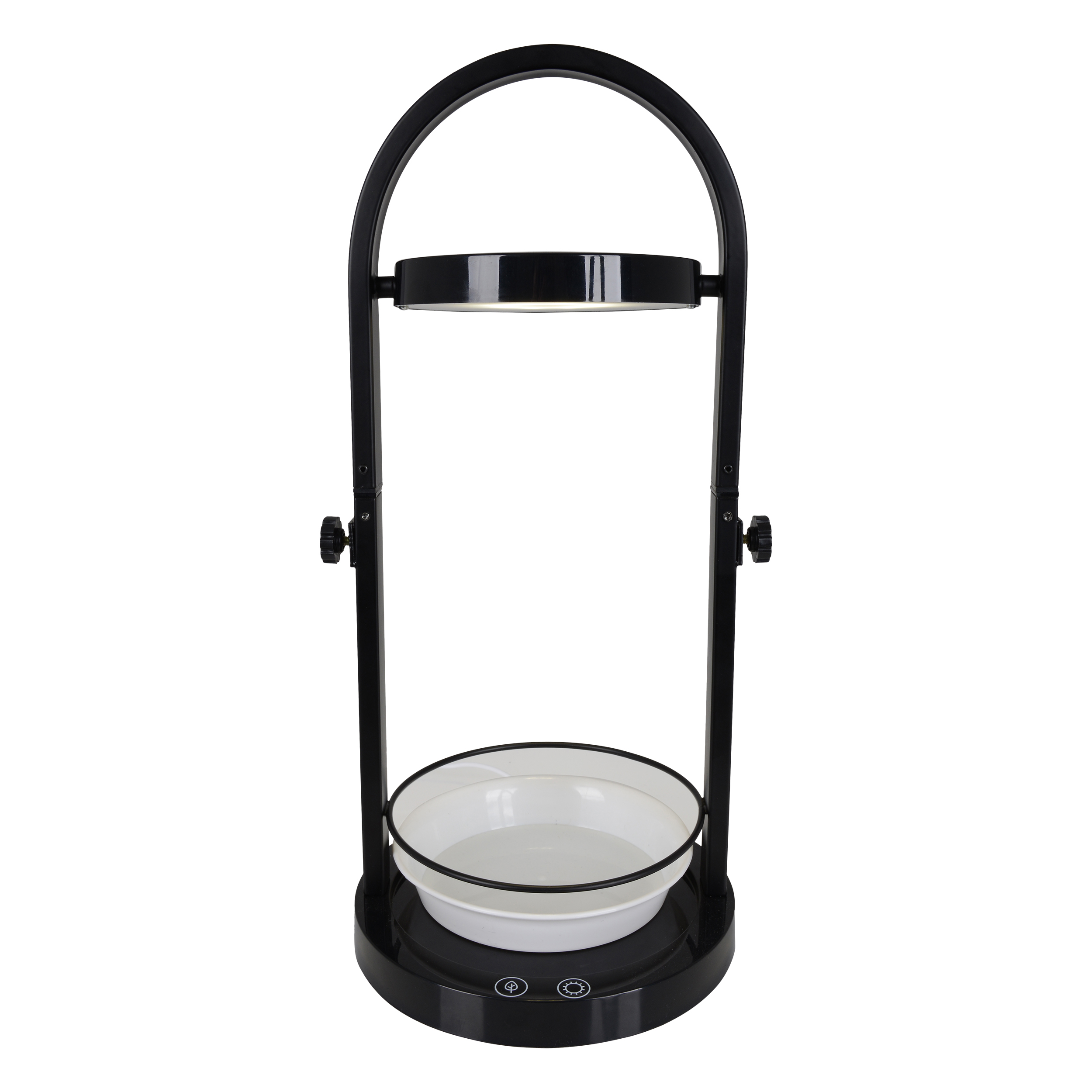 Eine schwarze Lampe mit einer Wasserschale. Sie hat einen bogenförmigen Rahmen.