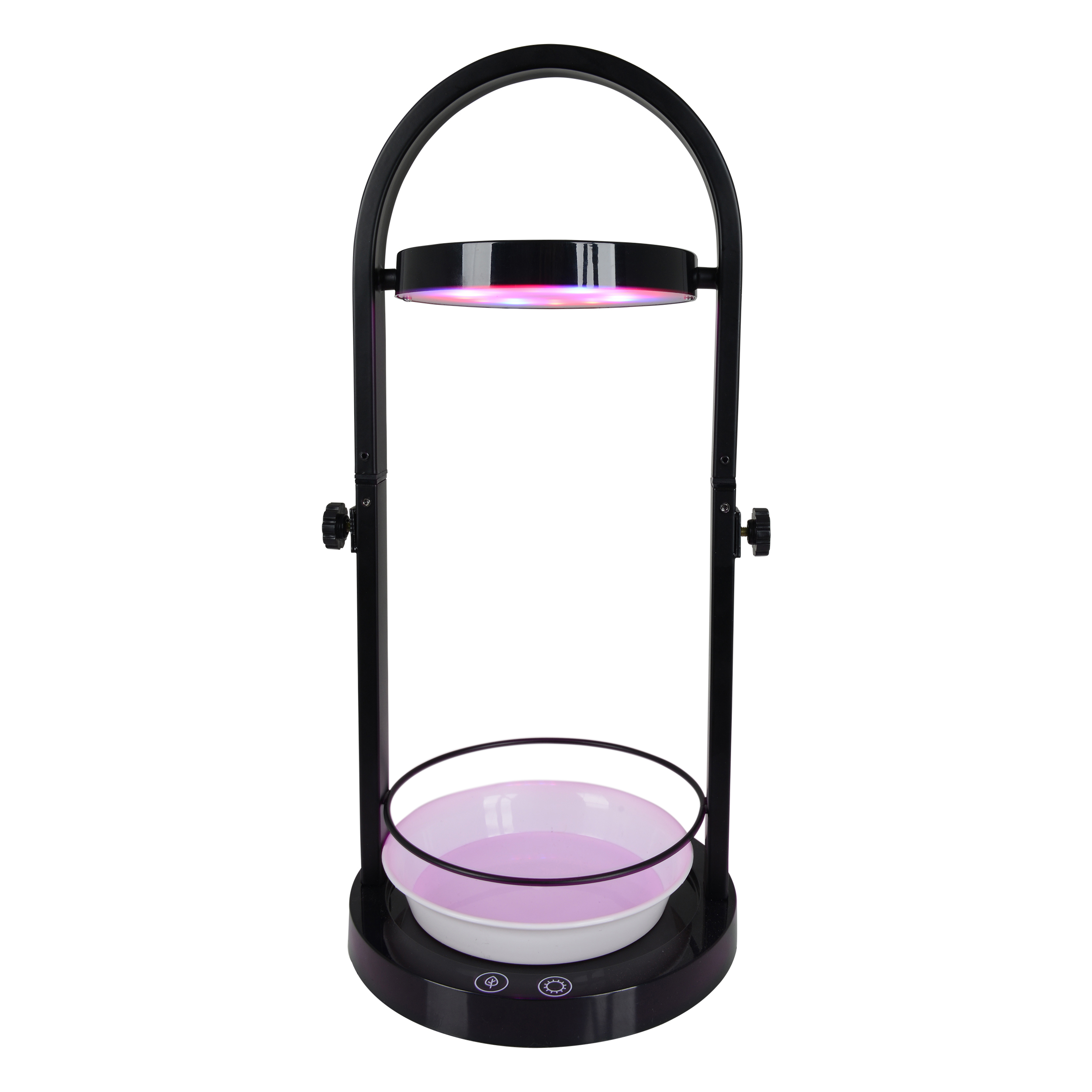 Eine schwarze Pflanzenwachstumslampe mit kreisförmigem Licht und einem Wasserbehälter.
