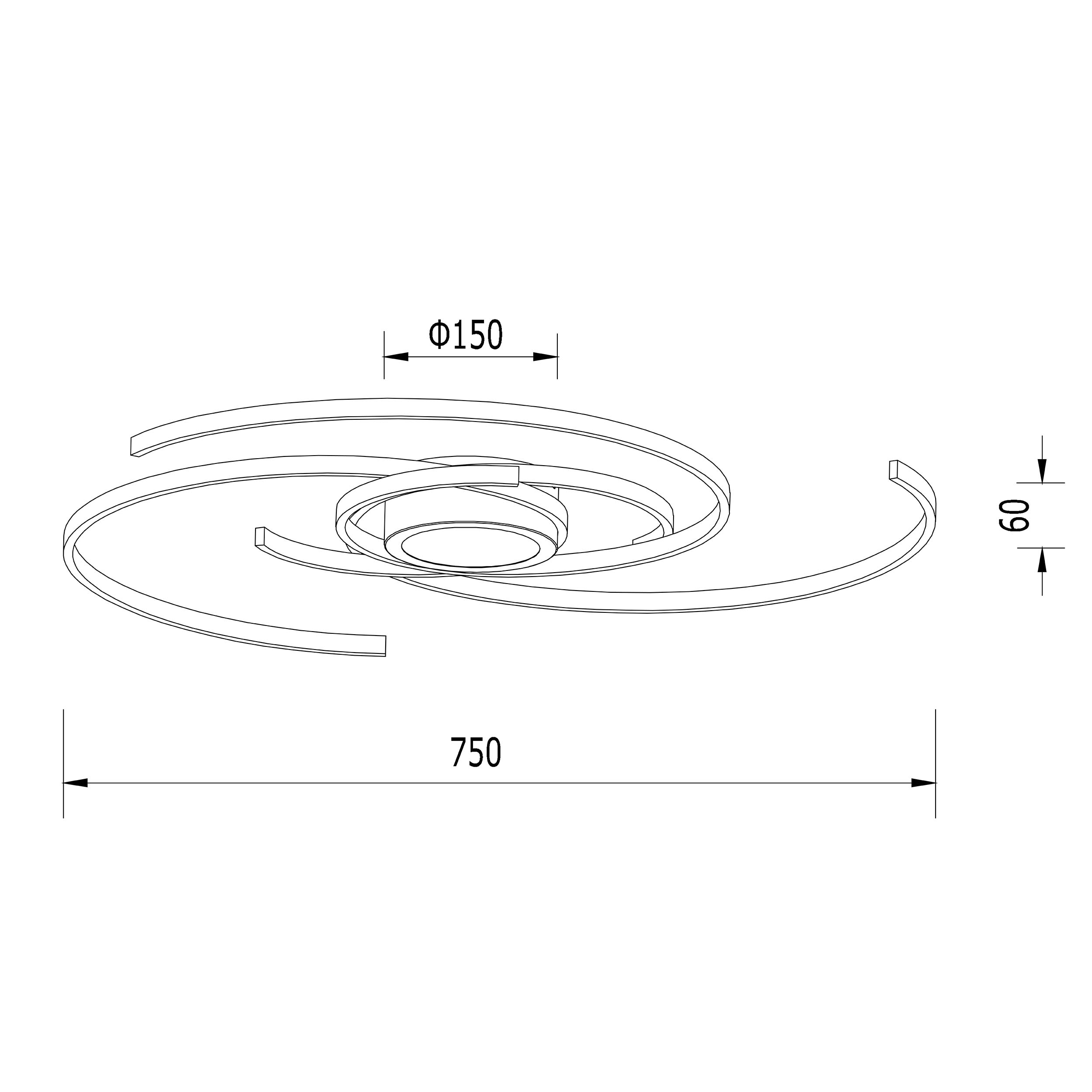 Deckenleuchte mit Spiraldesign und Abmessungen.