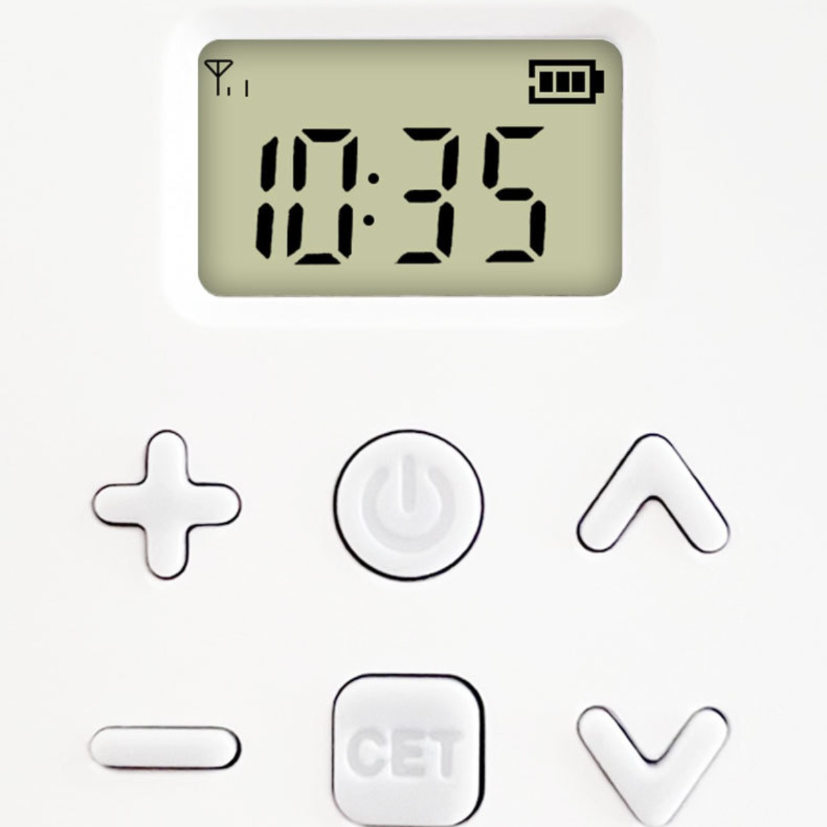 Digitalanzeige mit Uhrzeit und Batterie. Es gibt Tasten mit Plus-, Minus-, Ein/Aus-, Auf-, Ab- und Set-Symbolen.