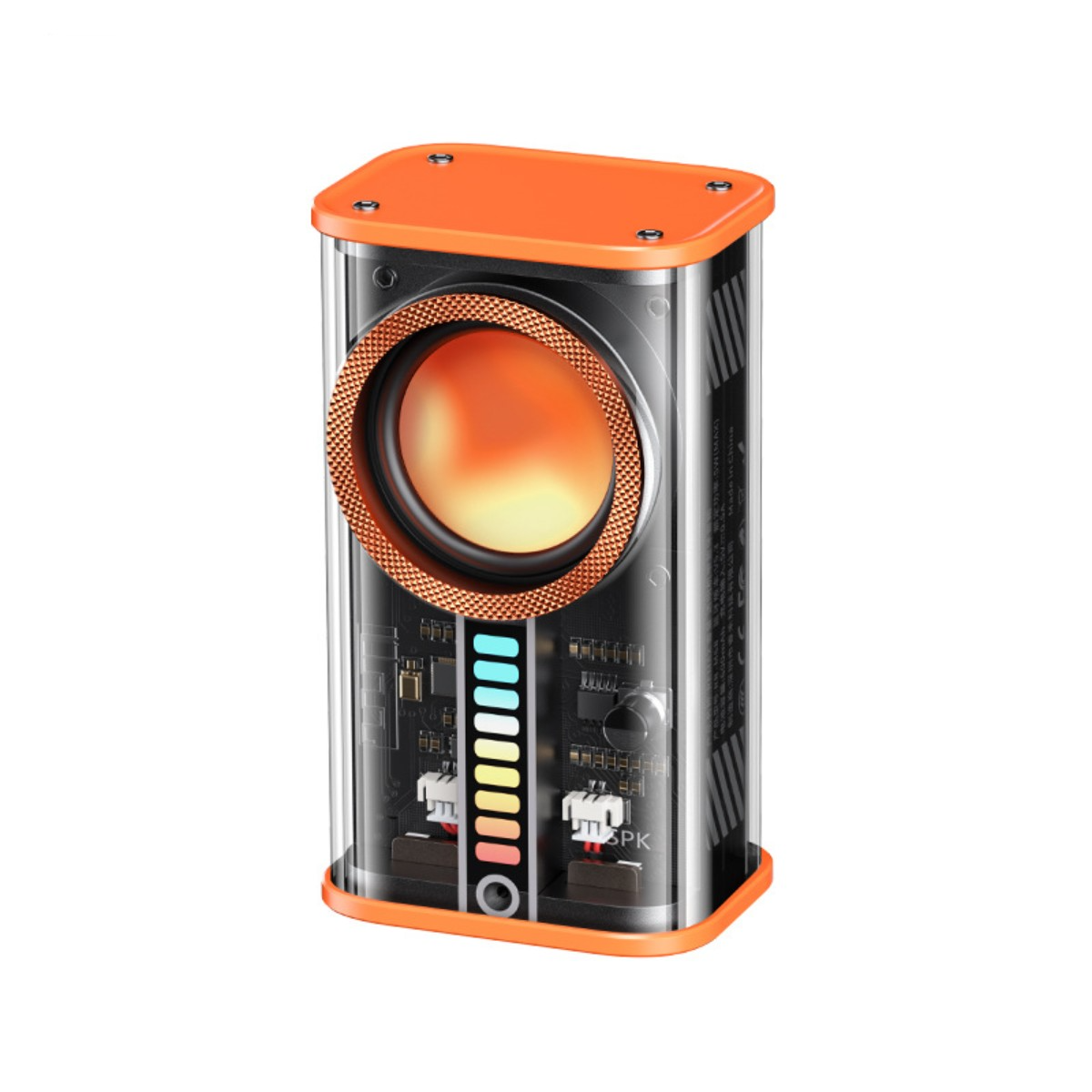 Oranger und transparenter Lautsprecher mit Display und bunten Lichtern. Isoliert auf Weiß.