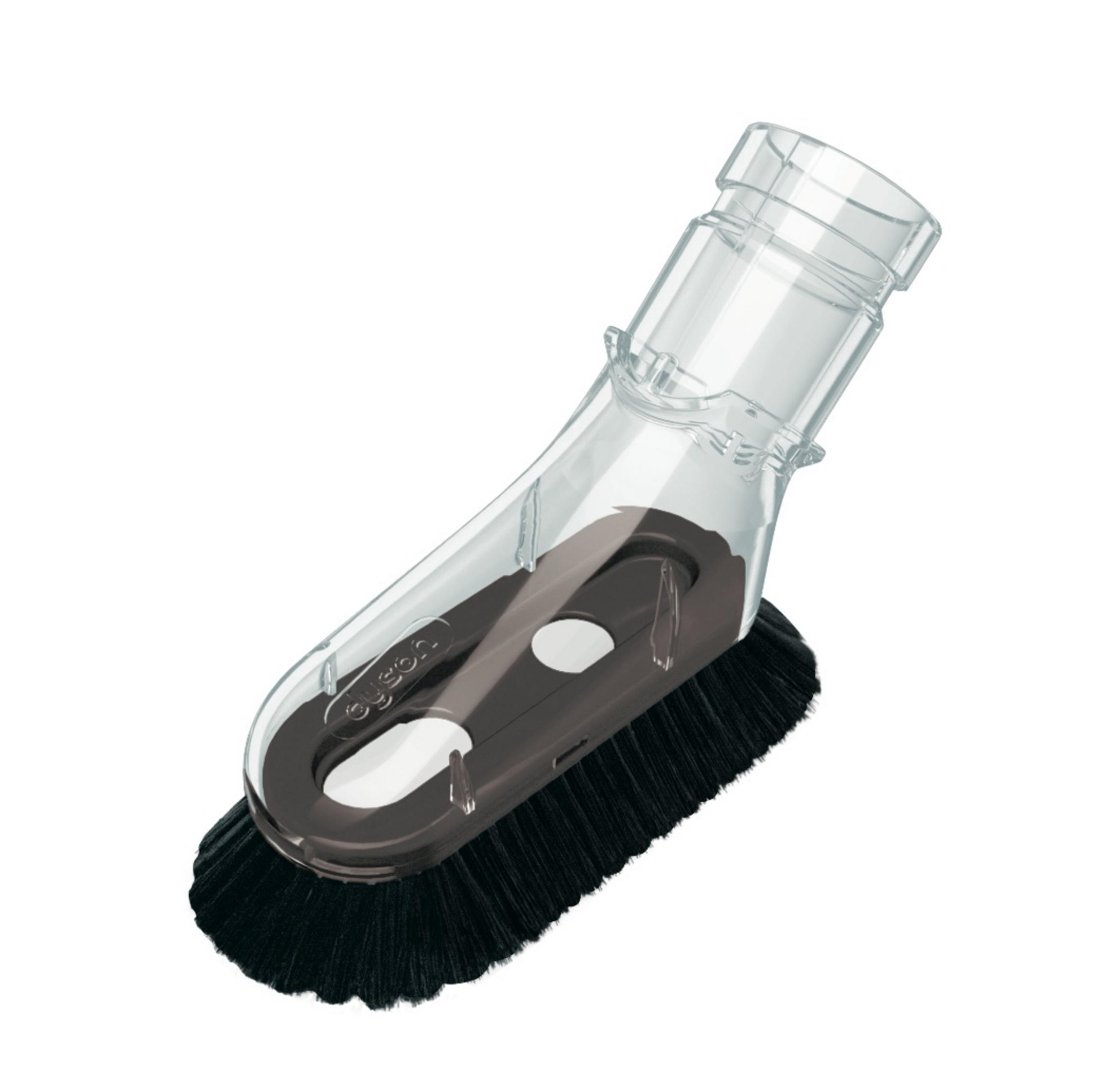 Accessorio spazzola per aspirapolvere con collo in plastica trasparente e setole nere, su sfondo bianco.