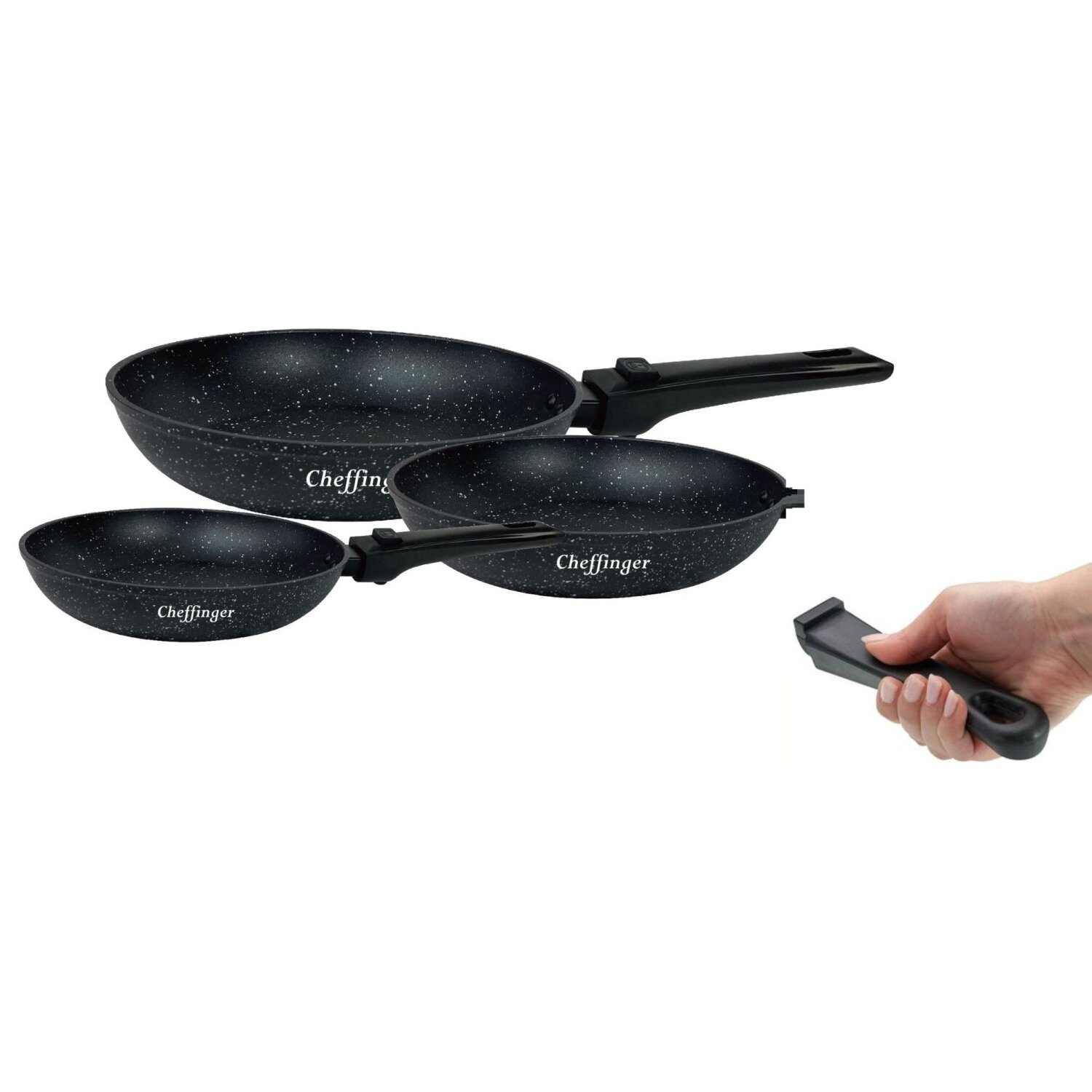 Set schwarzer Pfannen mit abnehmbarem Griff. Pfannen haben ein gesprenkeltes Design, weißer Hintergrund.