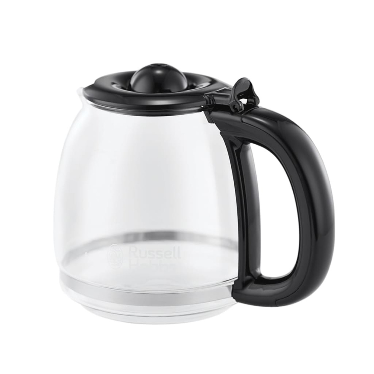 Cafetera de vidrio con asa y tapa negra. La jarra es transparente y vacía.