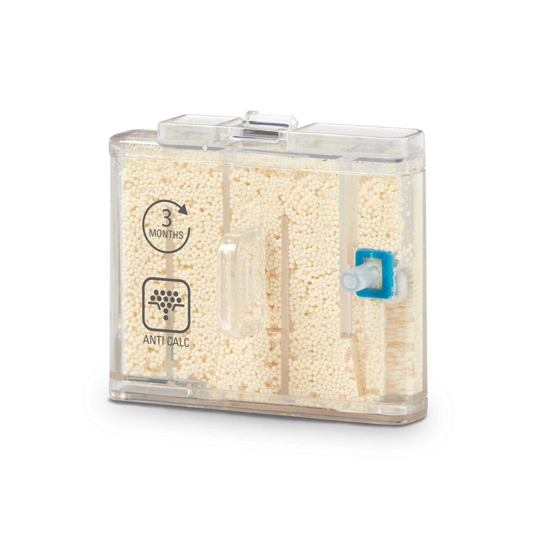 Przezroczysty filtr z niebieskim elementem. Zawiera małe białe kulki.