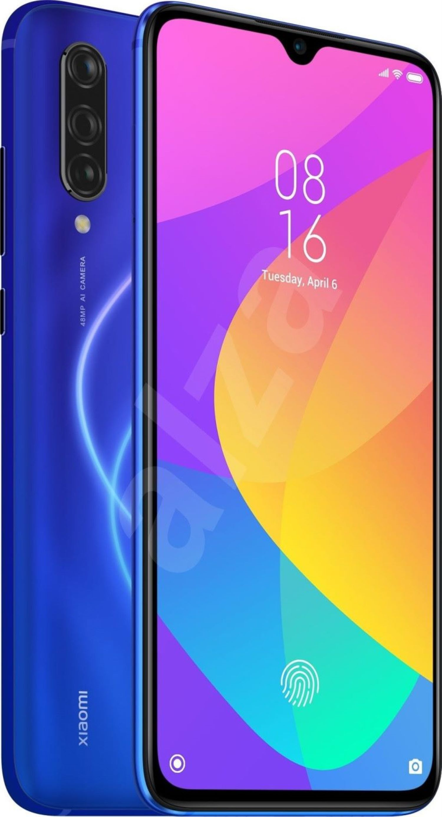 Blaues Smartphone mit Dreifachkamera auf der Rückseite und einem Ziffernblatt.