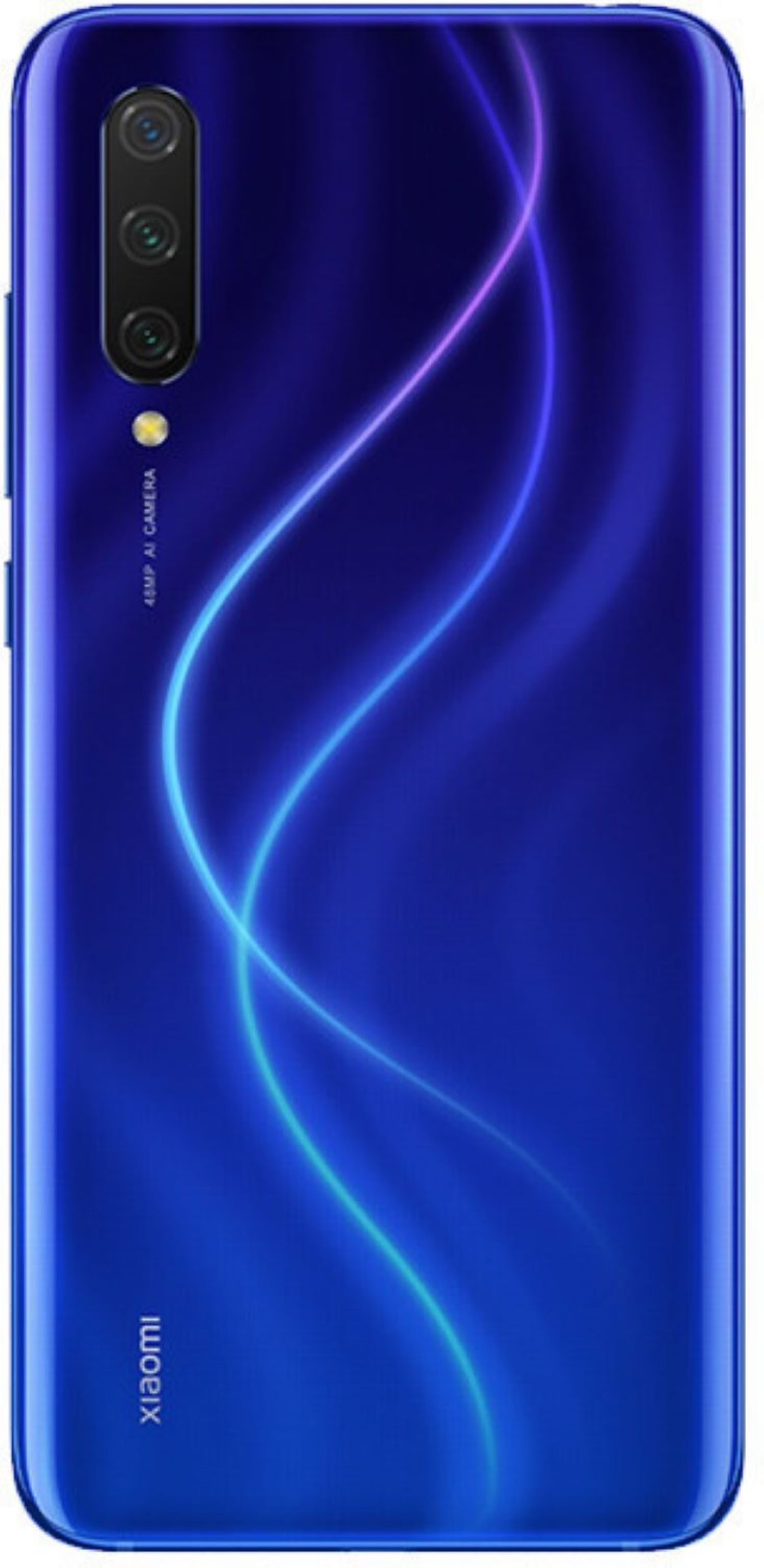 Die Rückseite eines blauen Xiaomi-Smartphones mit drei Kameras und einem Farbverlauf-Design, vor weißem Hintergrund.
