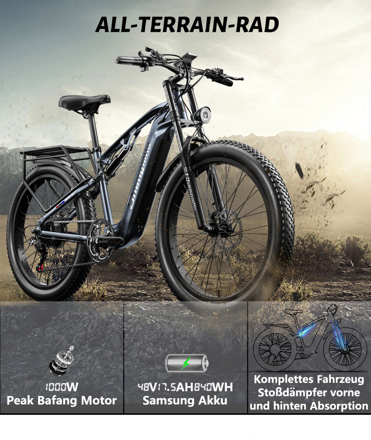 Unisex-Rad, Universal-Elektrofahrrad, MX05 SHENGMILO Scheibenbremse Erwachsenenfahrrad, (Laufradgröße: Zoll, Mountainbike 840Wh, 26 grau)